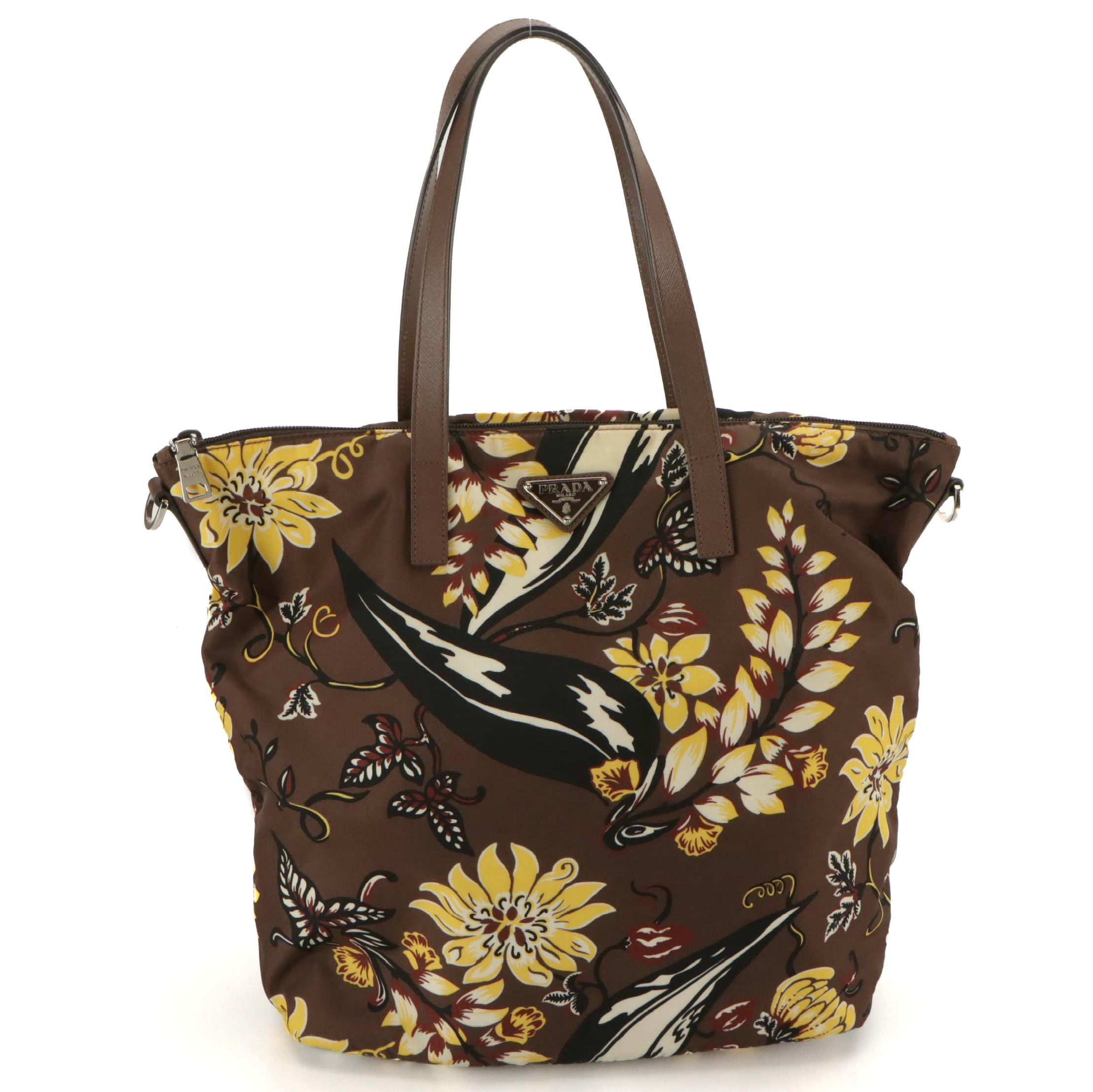 Prada Two-Way Zip Tote in Brown Floral Print Tessuto Nylon and Leather Trim