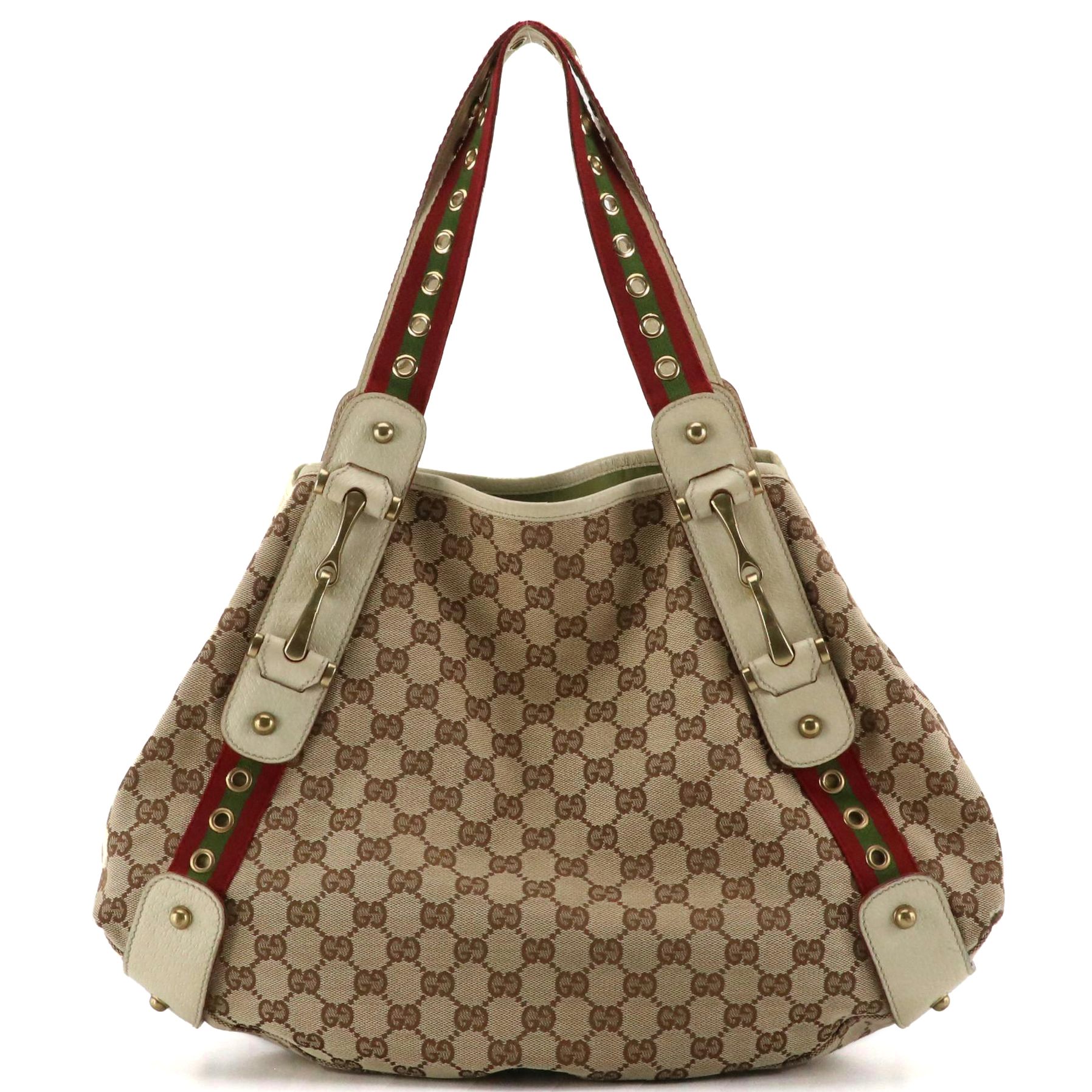 Gucci Grommet Embellished Web Strap Hobo Bag in GG Canvas and Cinghiale Leather