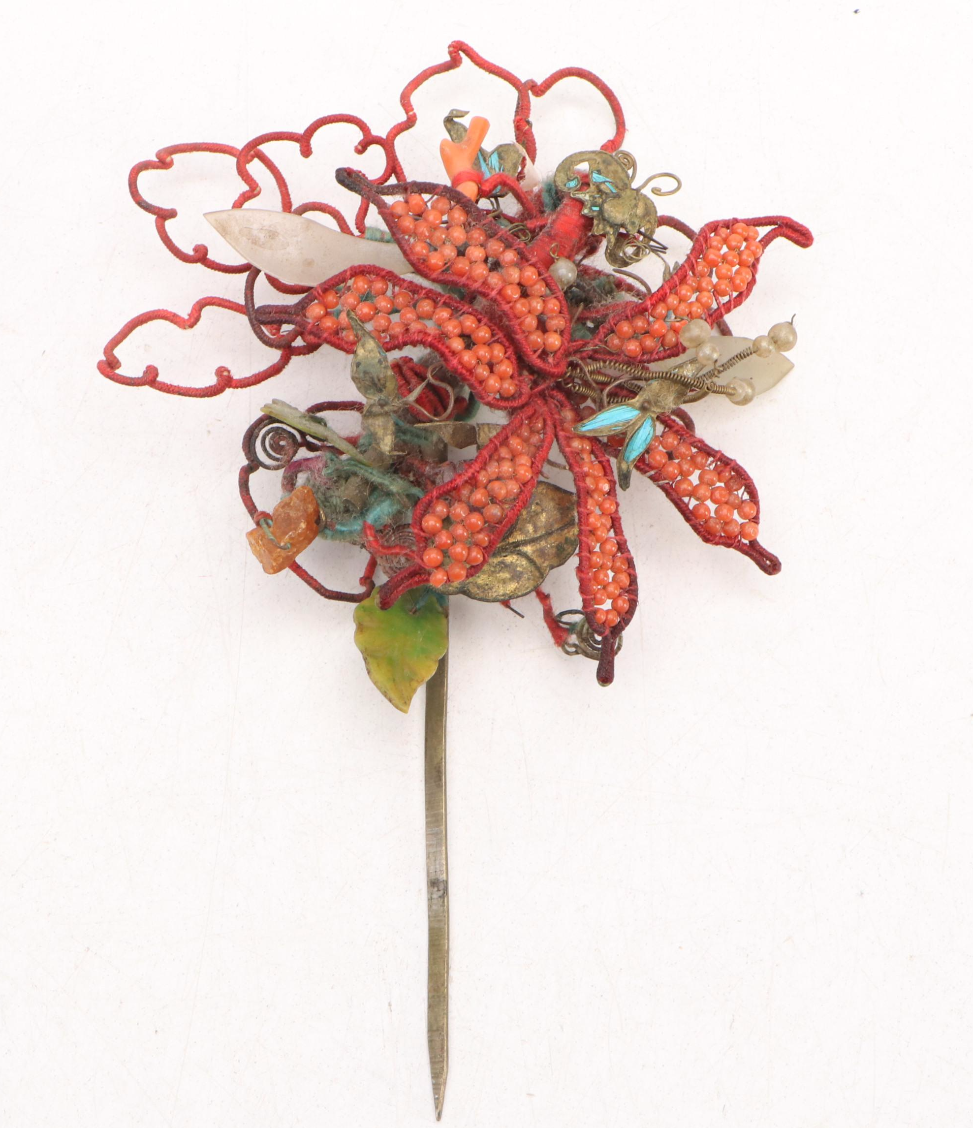Chinese Ornamental Hairpins Embellished with Kingfisher and Coral