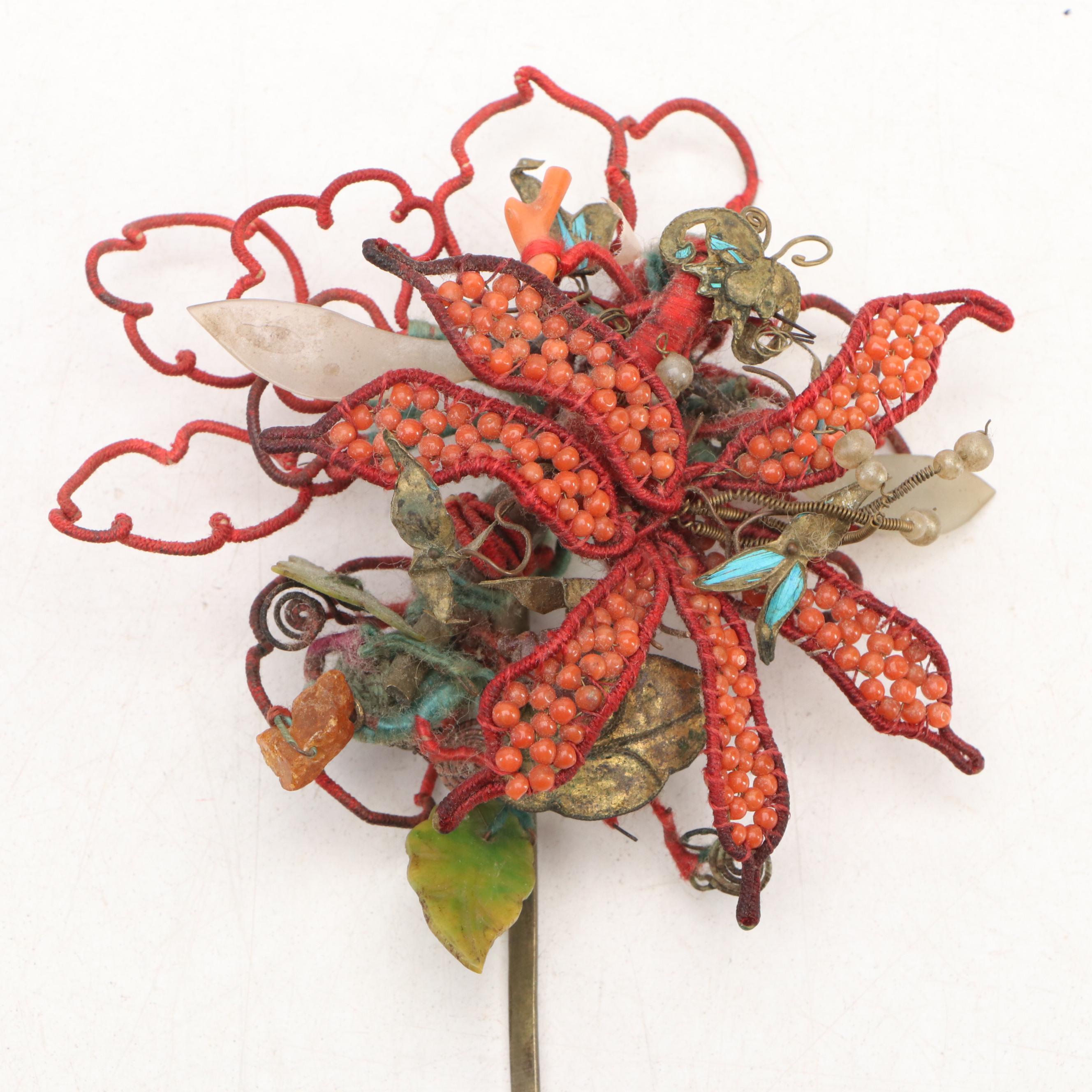 Chinese Ornamental Hairpins Embellished with Kingfisher and Coral