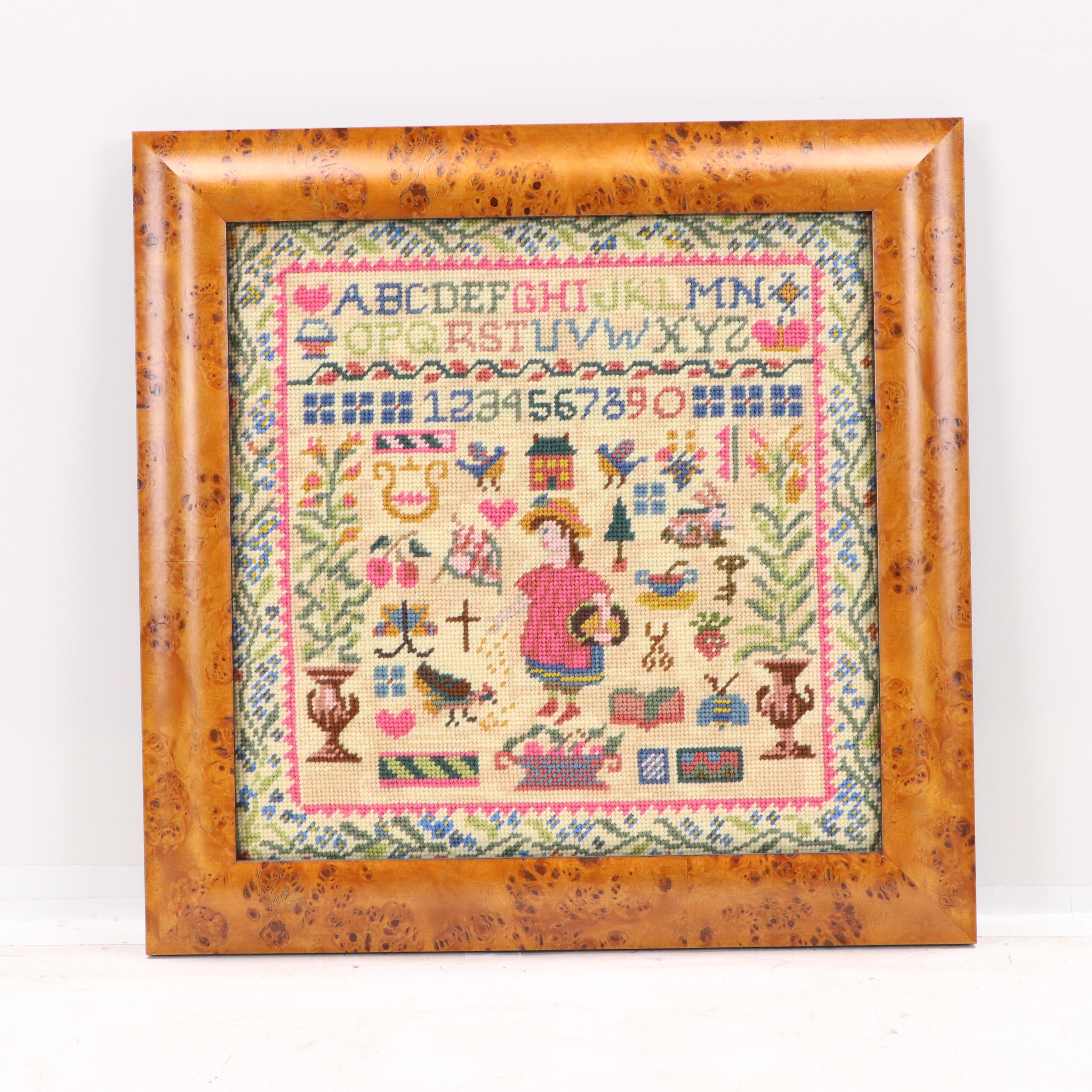 Kathleen Graf Needlepoint Samplers in Burlwood Veneer Frames