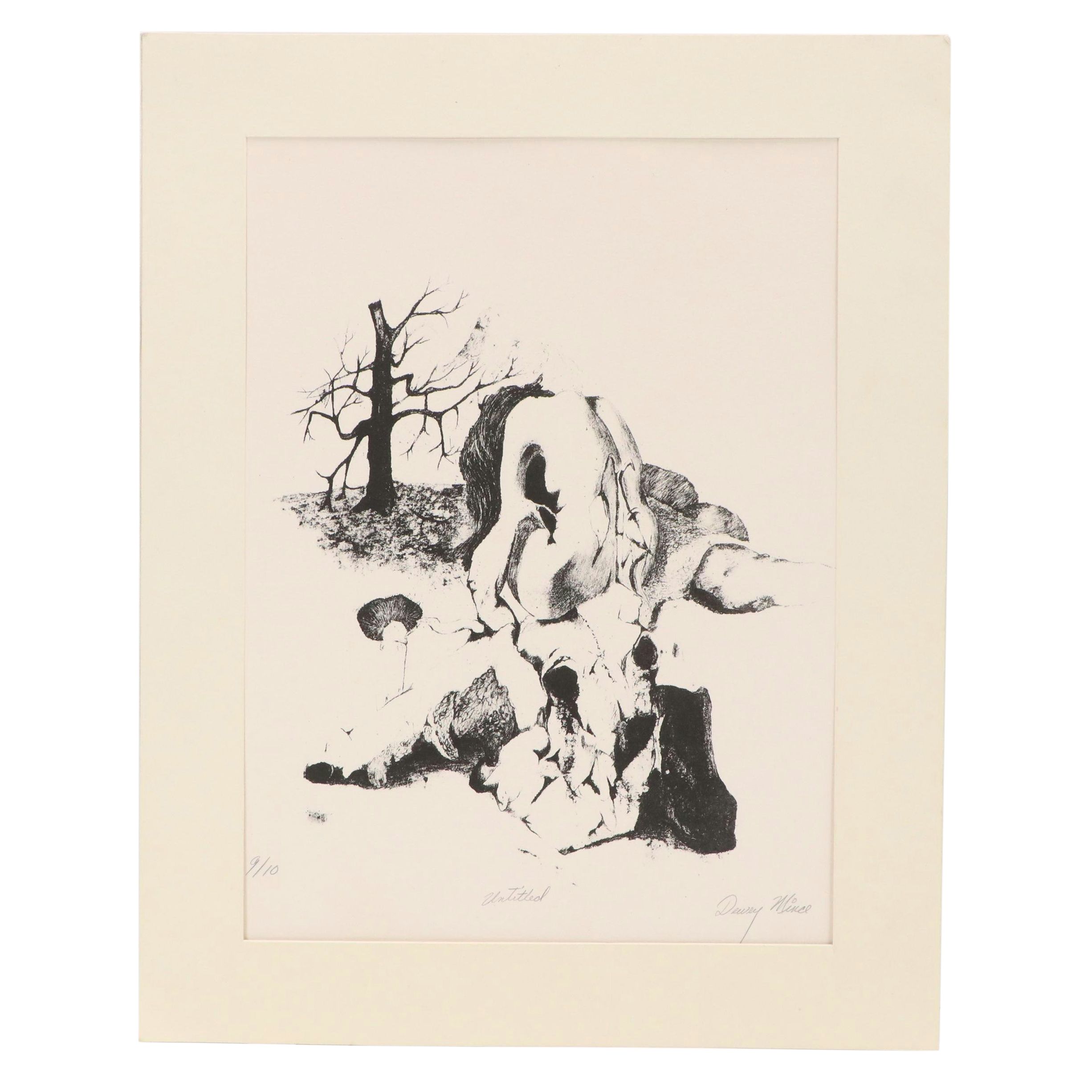 Dewey Mince Surrealist Woodblock of Figure in Landscape