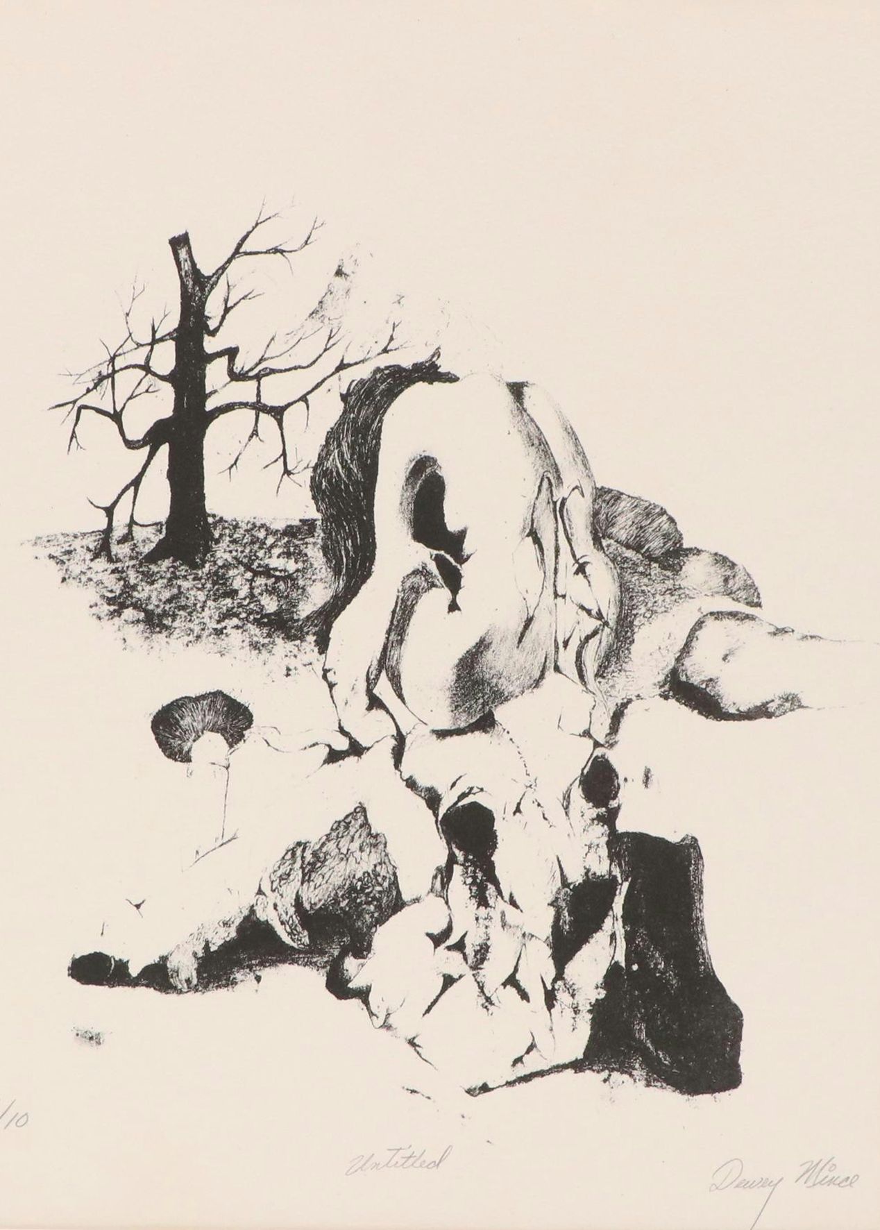 Dewey Mince Surrealist Woodblock of Figure in Landscape