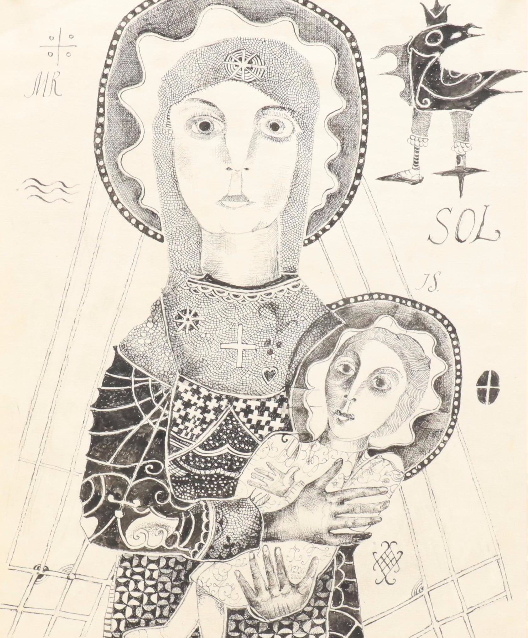Nikolay Kuk Ink Surrealist Illustration of Madonna and Child