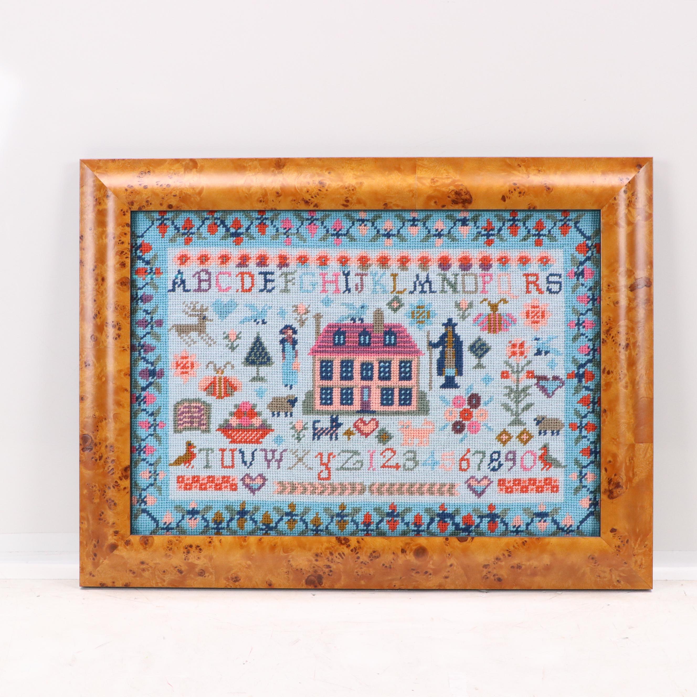 Kathleen Graf Needlepoint Samplers in Burlwood Veneer Frames