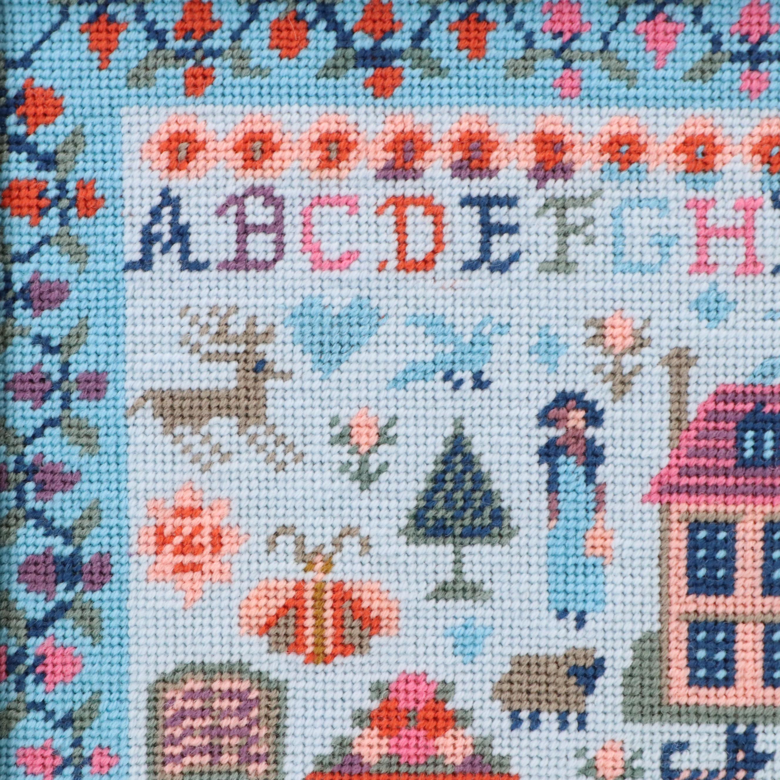 Kathleen Graf Needlepoint Samplers in Burlwood Veneer Frames