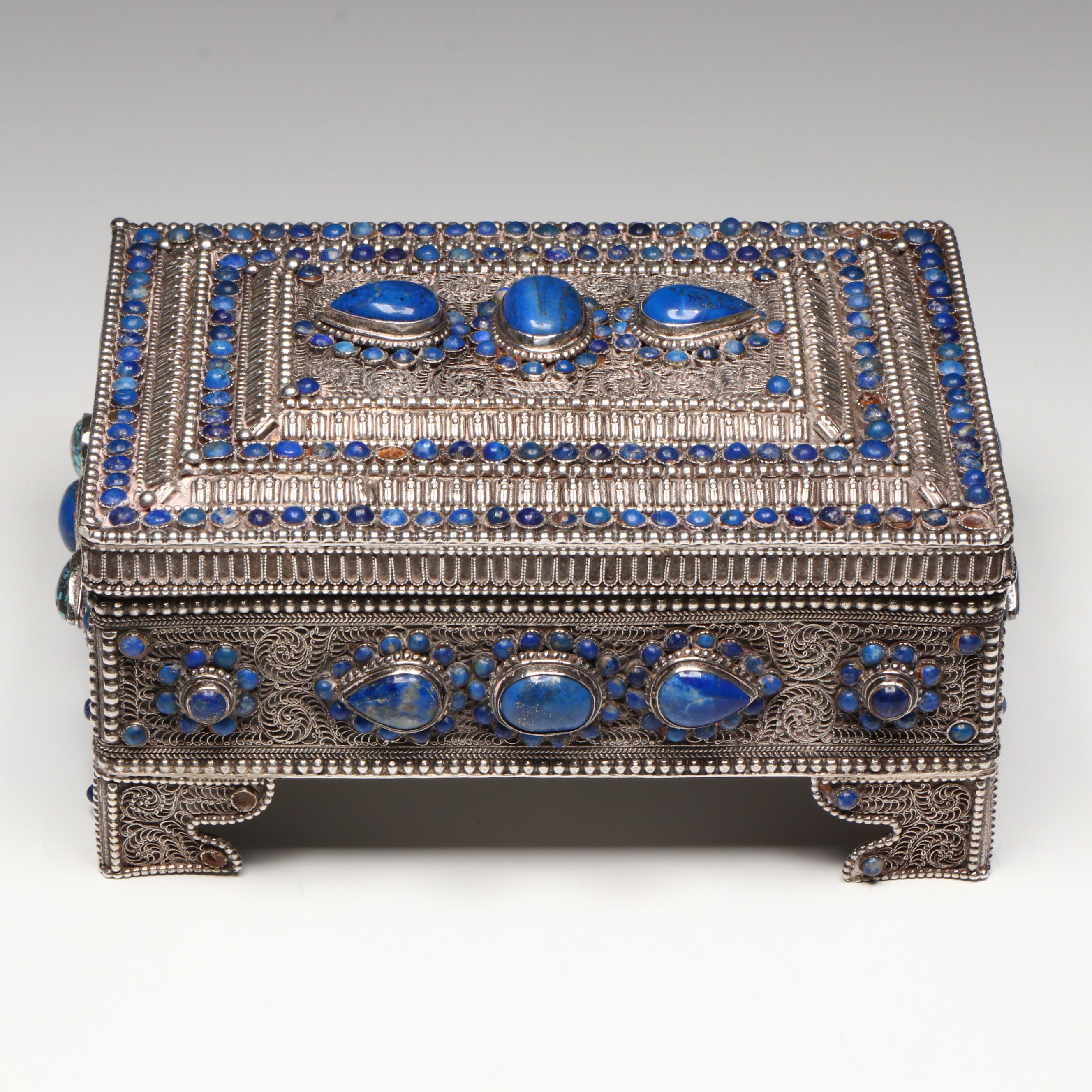 Persian Filigree Silverwork Chest with Lapis Lazuli and Turquoise Cabochon