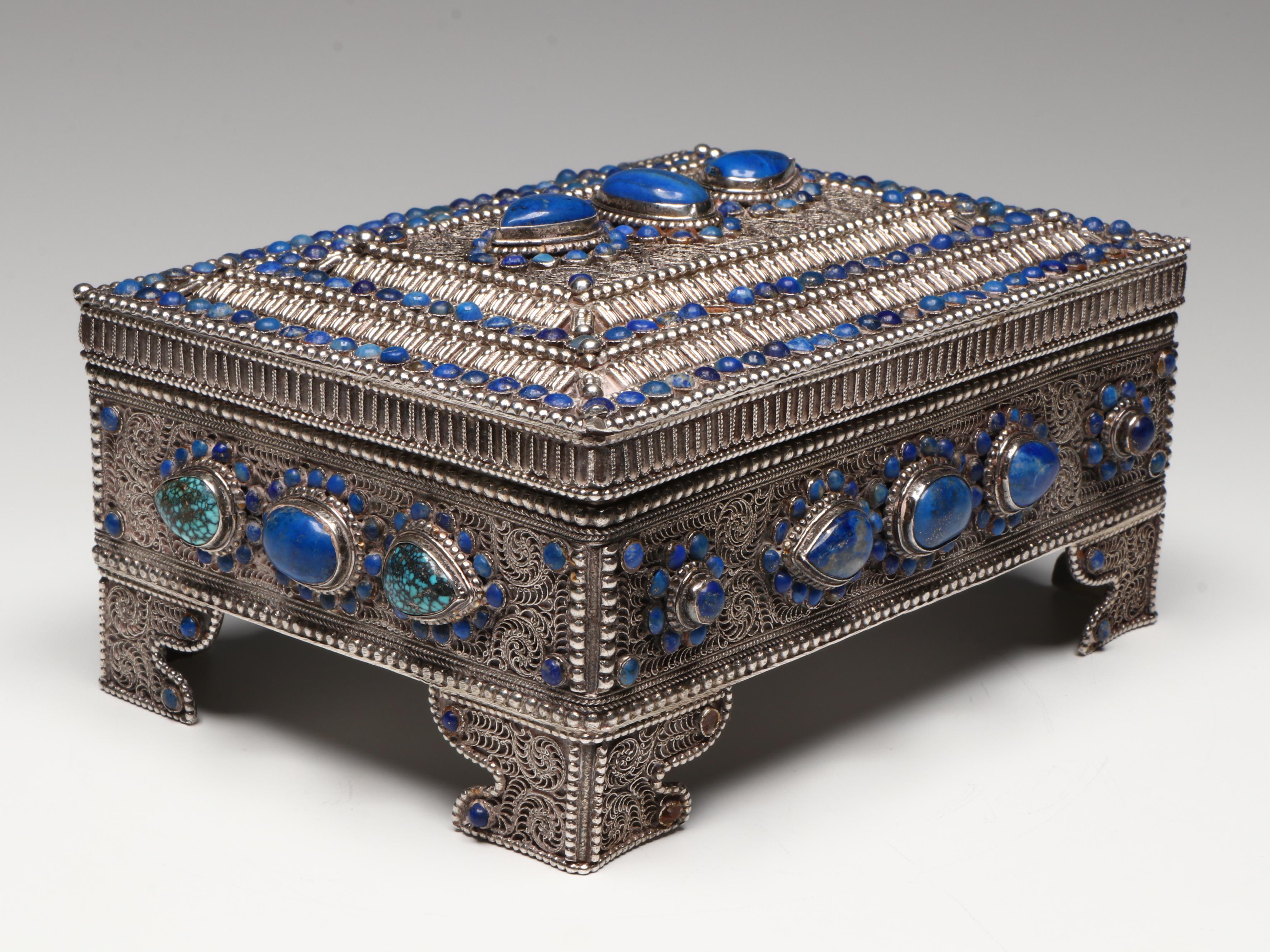 Persian Filigree Silverwork Chest with Lapis Lazuli and Turquoise Cabochon