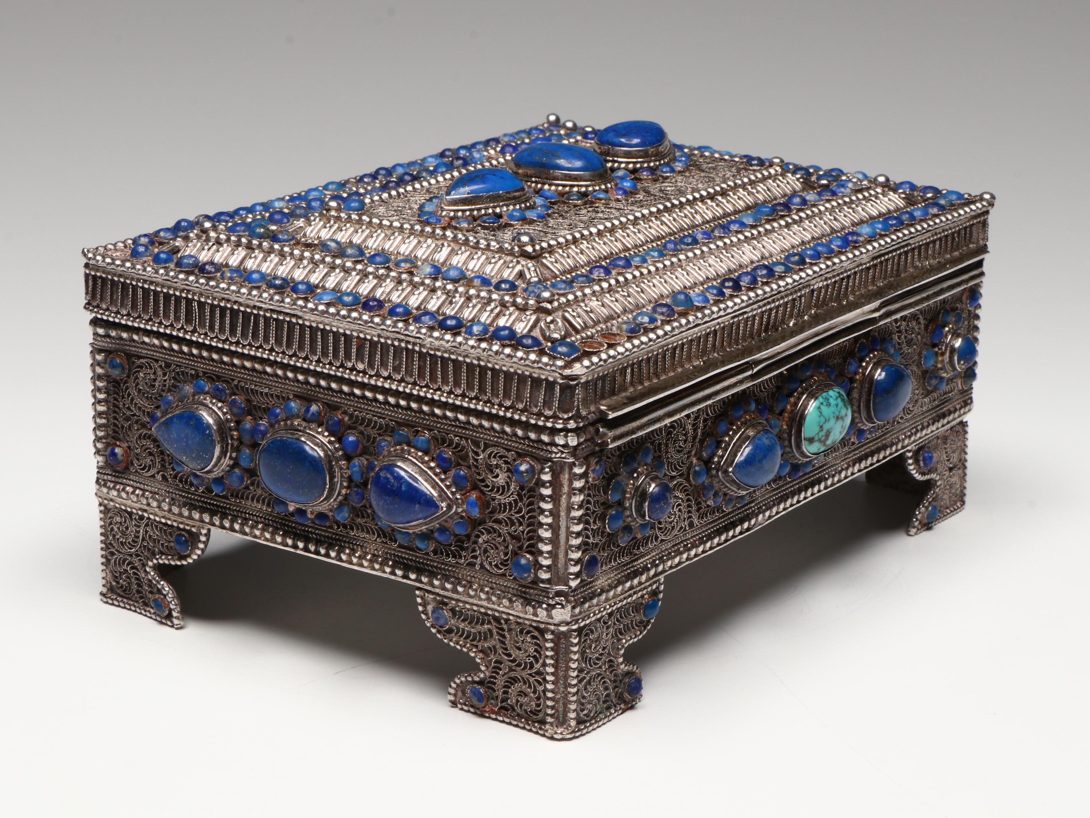 Persian Filigree Silverwork Chest with Lapis Lazuli and Turquoise Cabochon