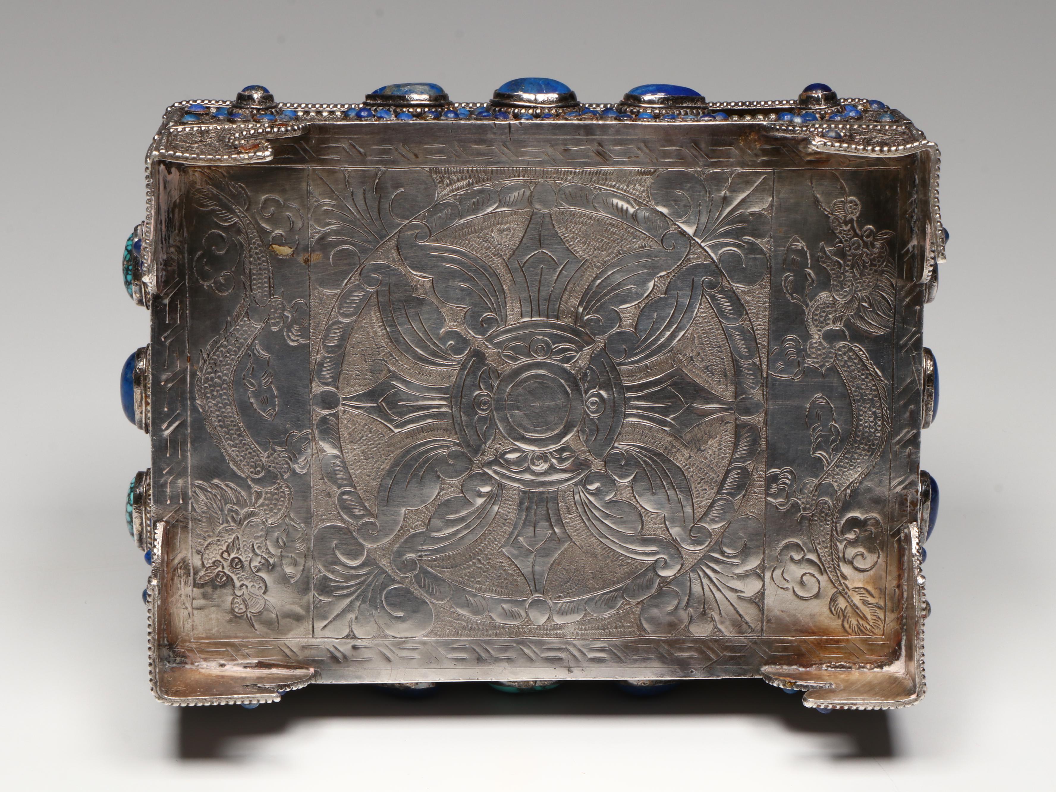 Persian Filigree Silverwork Chest with Lapis Lazuli and Turquoise Cabochon