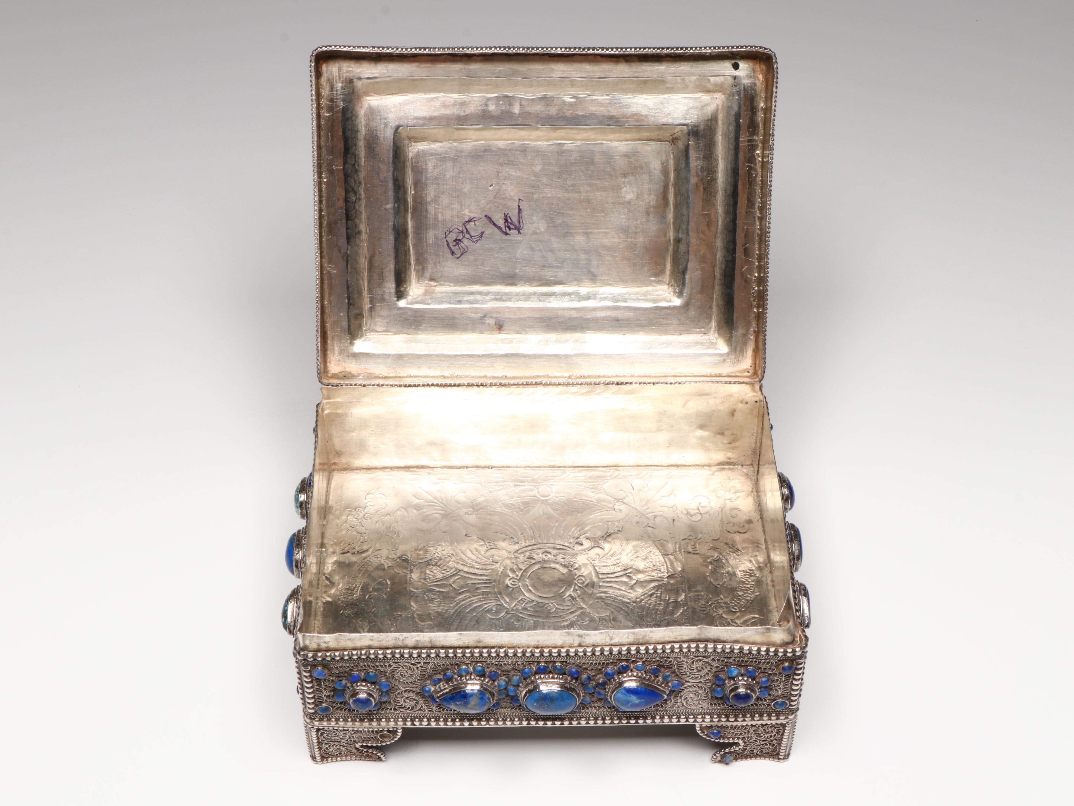 Persian Filigree Silverwork Chest with Lapis Lazuli and Turquoise Cabochon