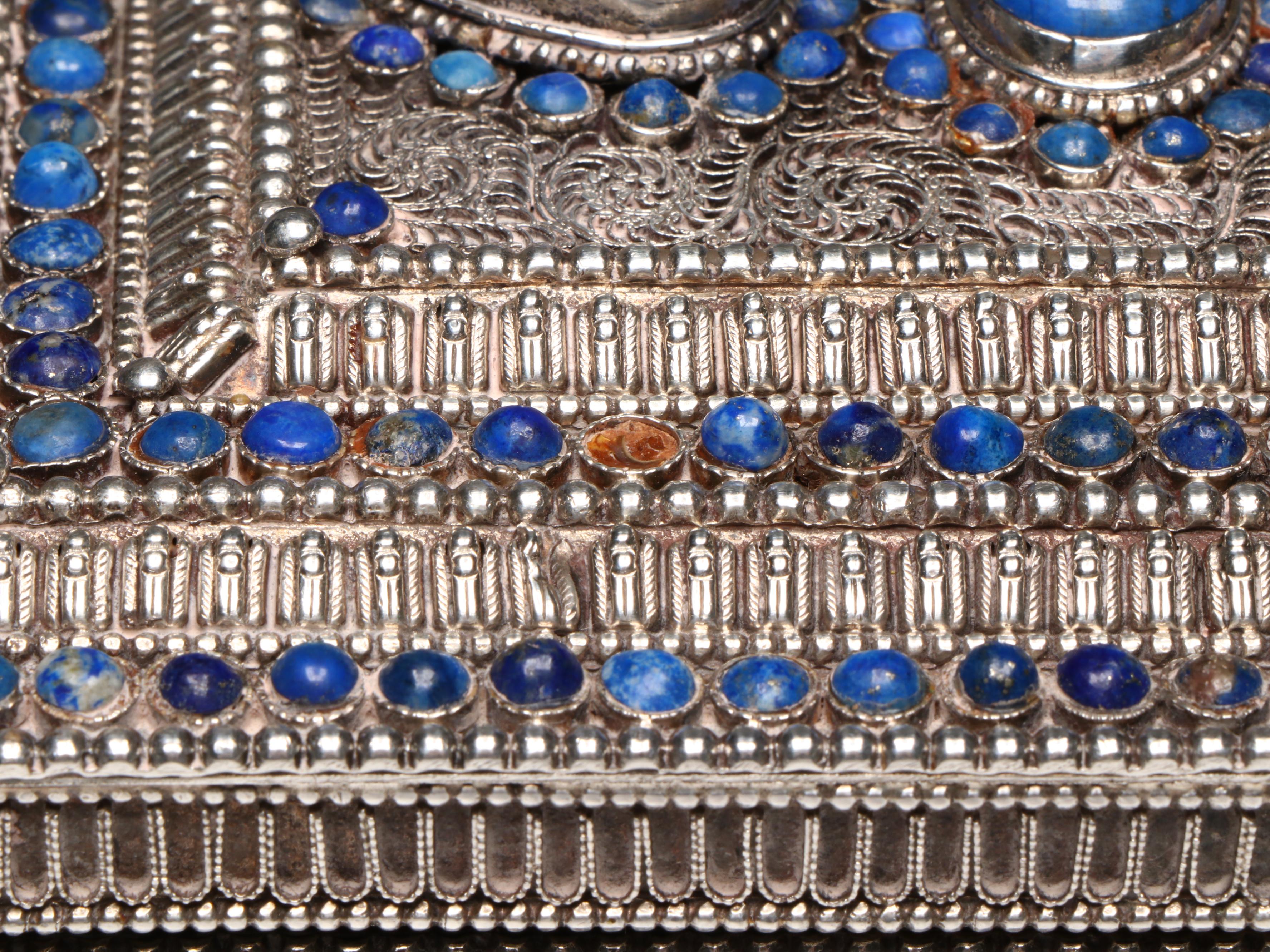 Persian Filigree Silverwork Chest with Lapis Lazuli and Turquoise Cabochon