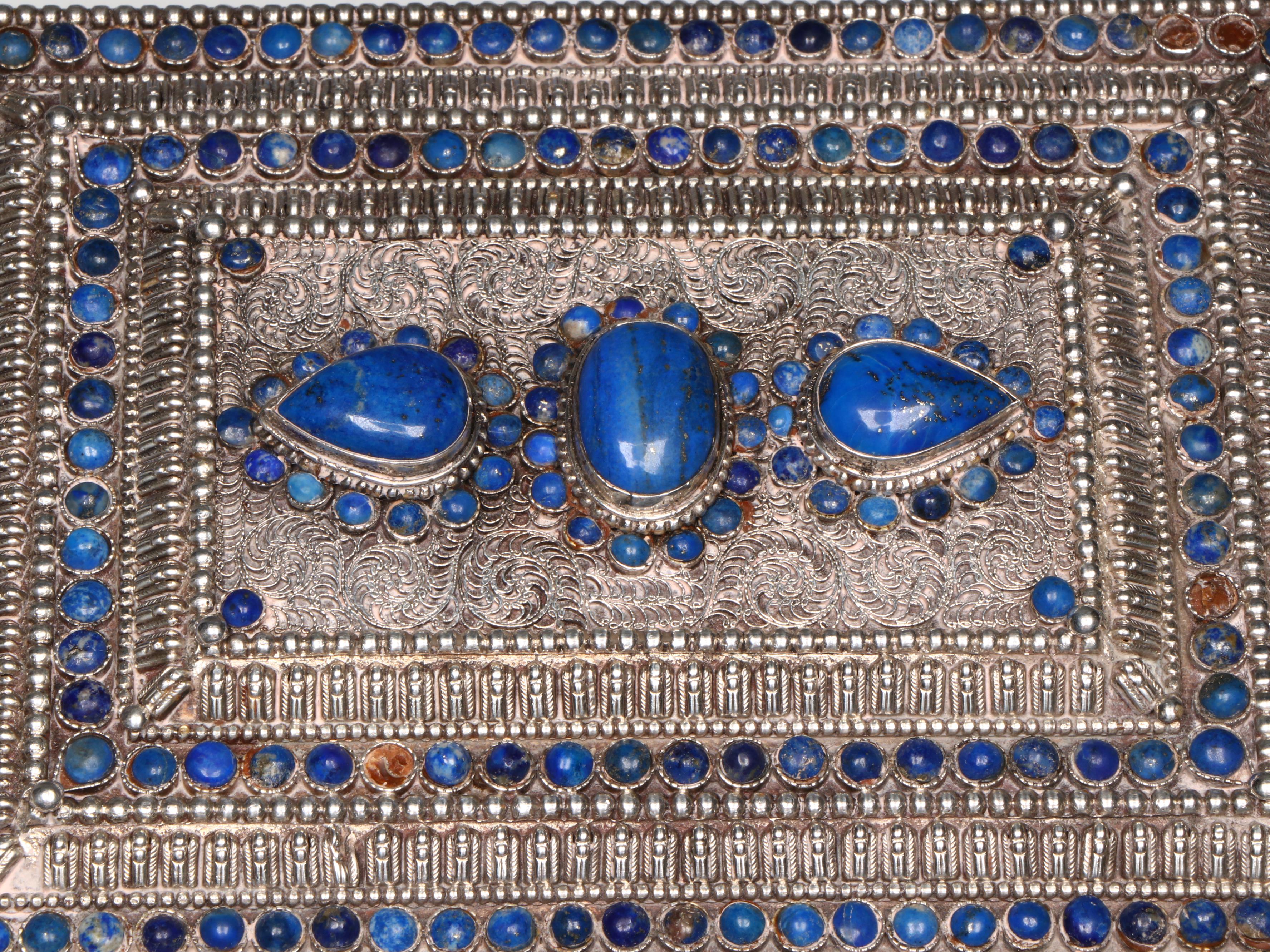 Persian Filigree Silverwork Chest with Lapis Lazuli and Turquoise Cabochon