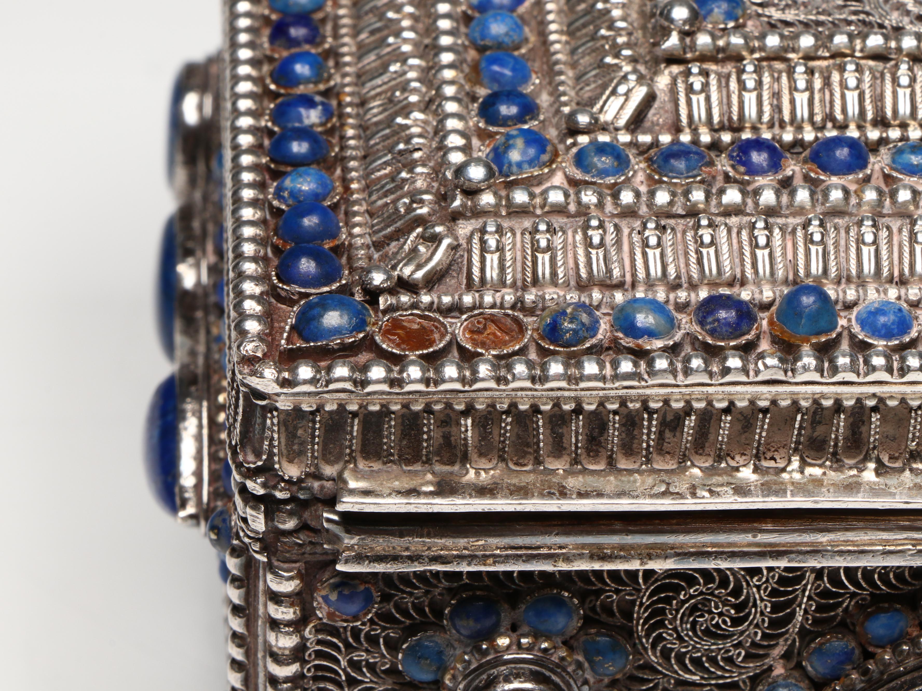 Persian Filigree Silverwork Chest with Lapis Lazuli and Turquoise Cabochon
