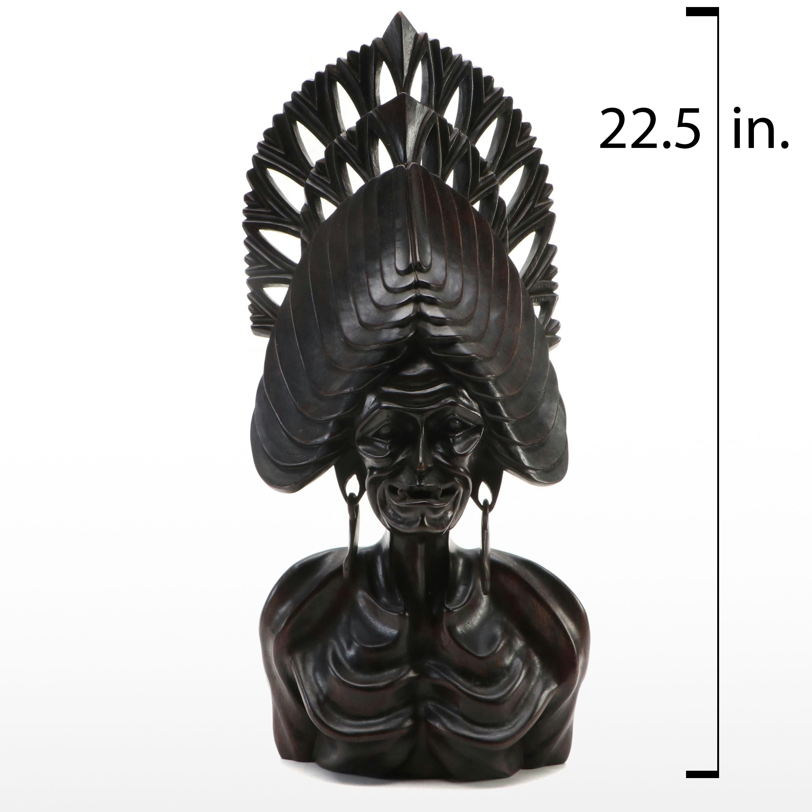 Balinese Style Hand-Carved Wooden Bust of Goddess