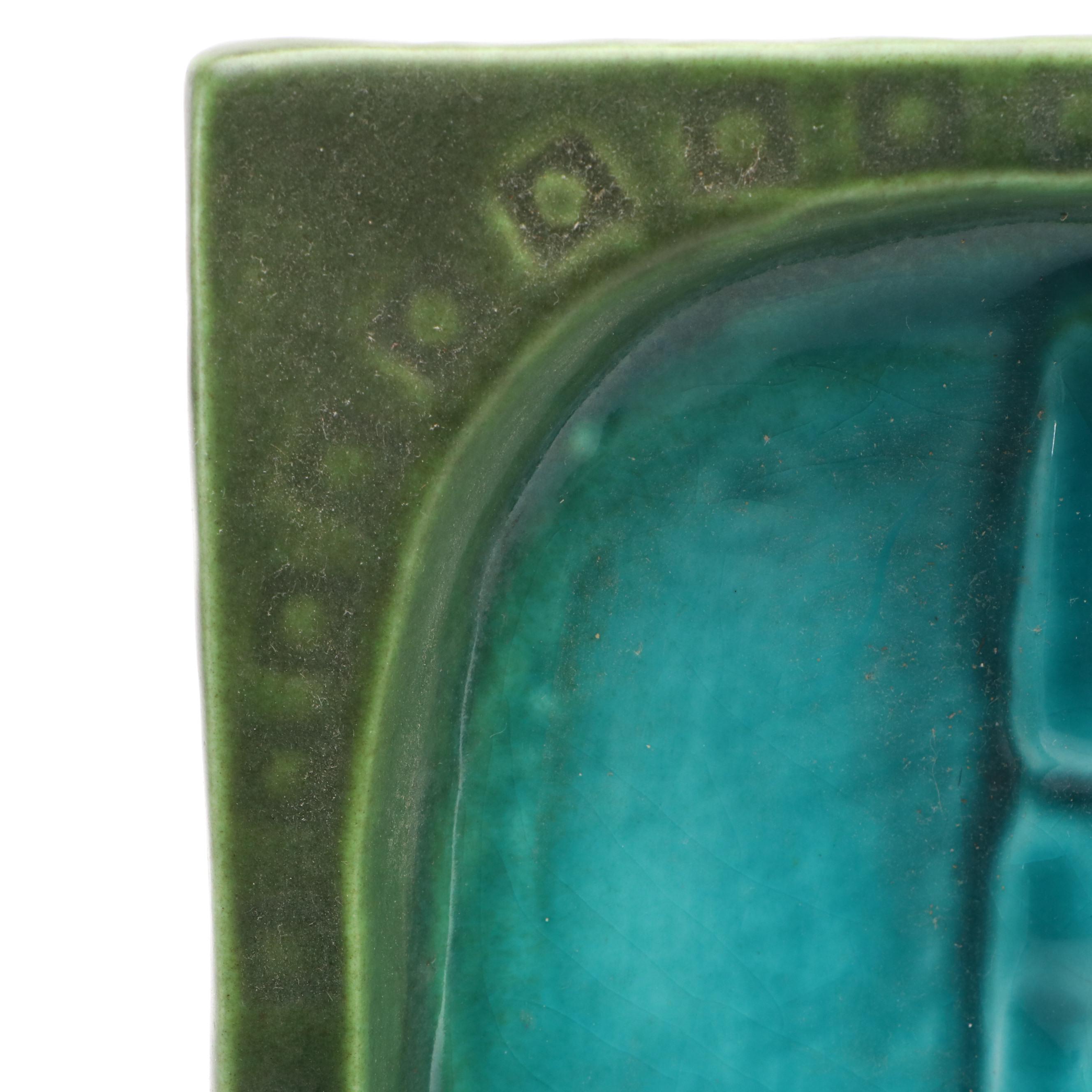 Jaru Pottery Mid Century Modern Etruscan Style Turquoise and Green Ashtray