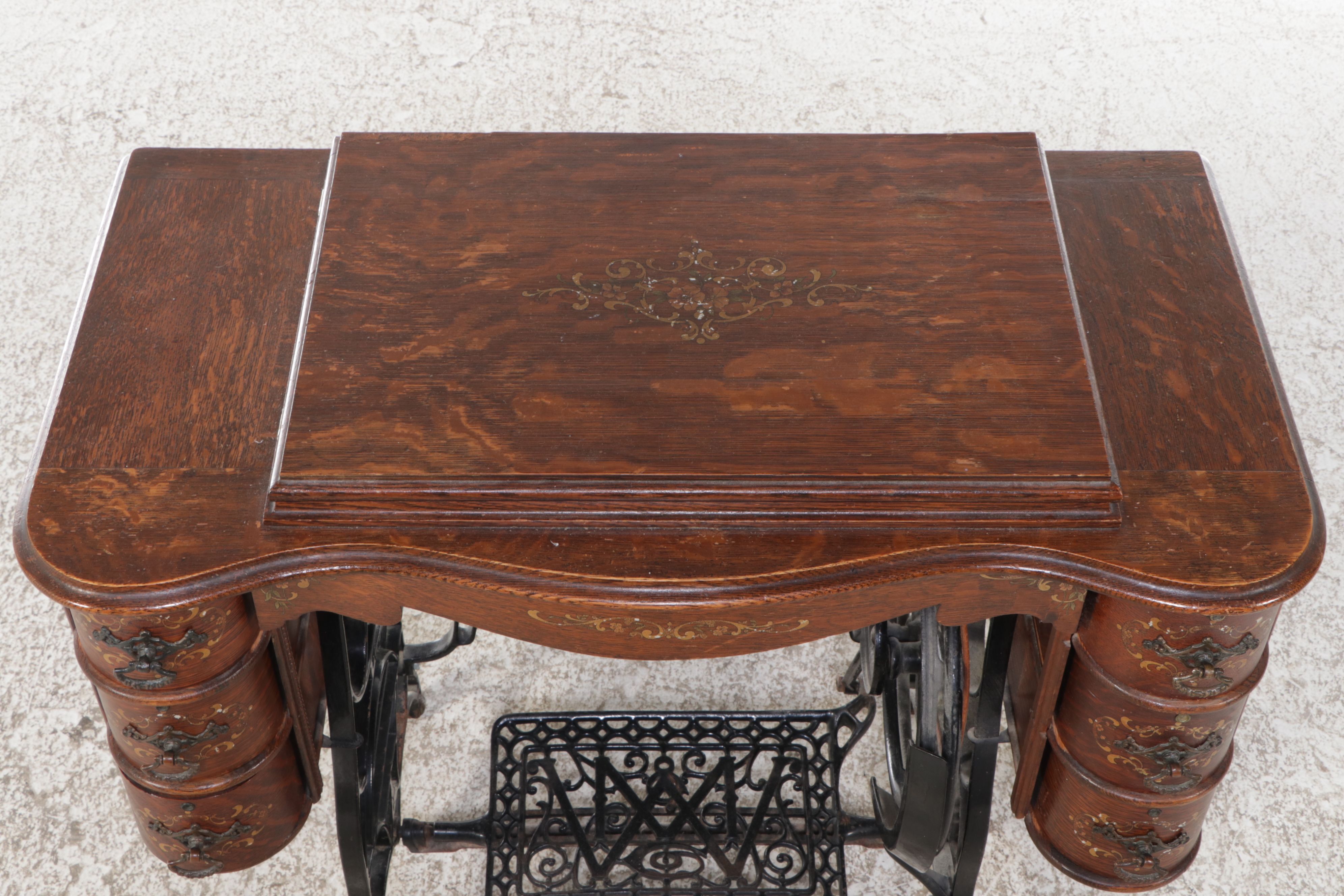 Montgomery Ward Tiger Oak Treadle Table & Windsor-B  Sewing Machine