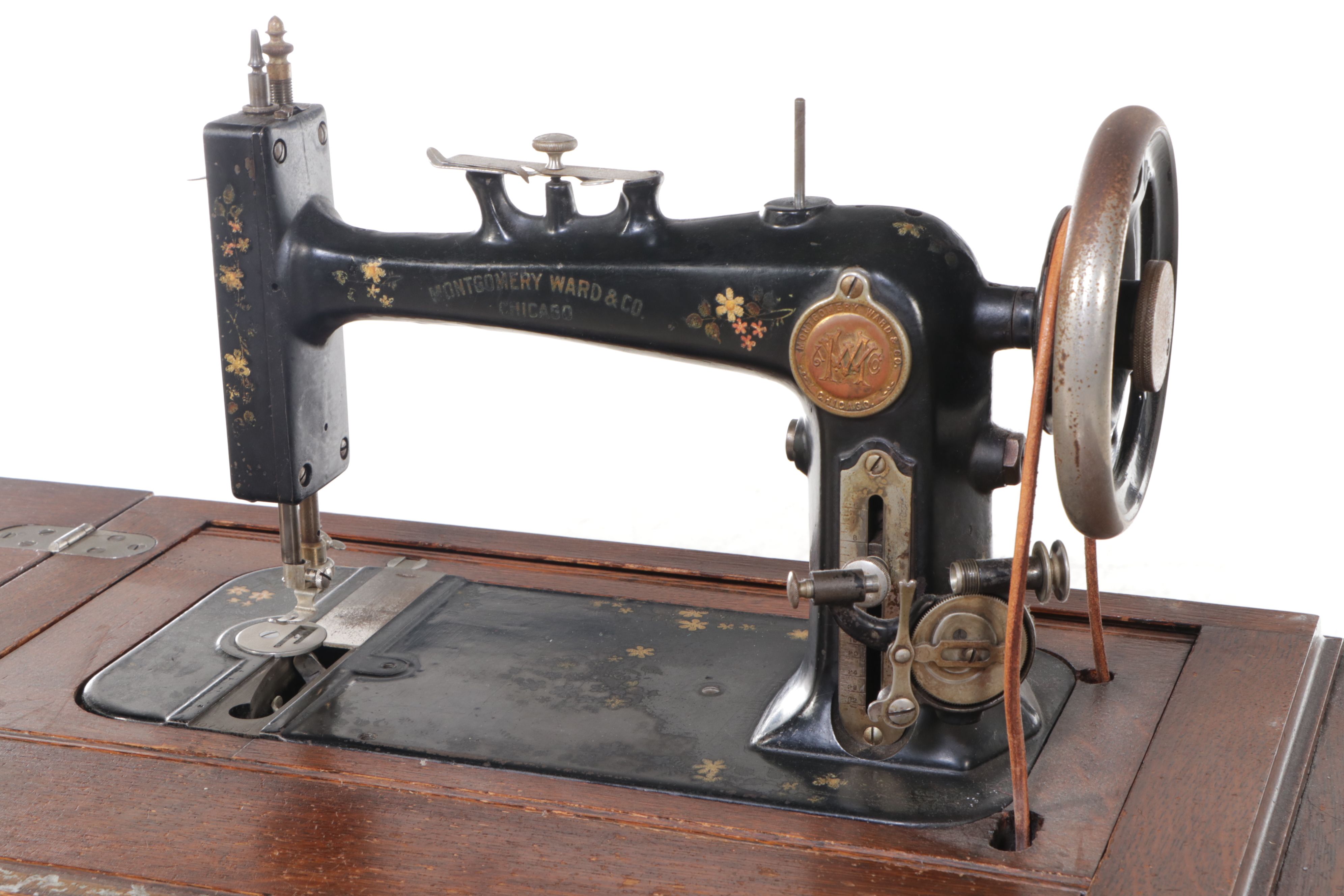 Montgomery Ward Tiger Oak Treadle Table & Windsor-B  Sewing Machine