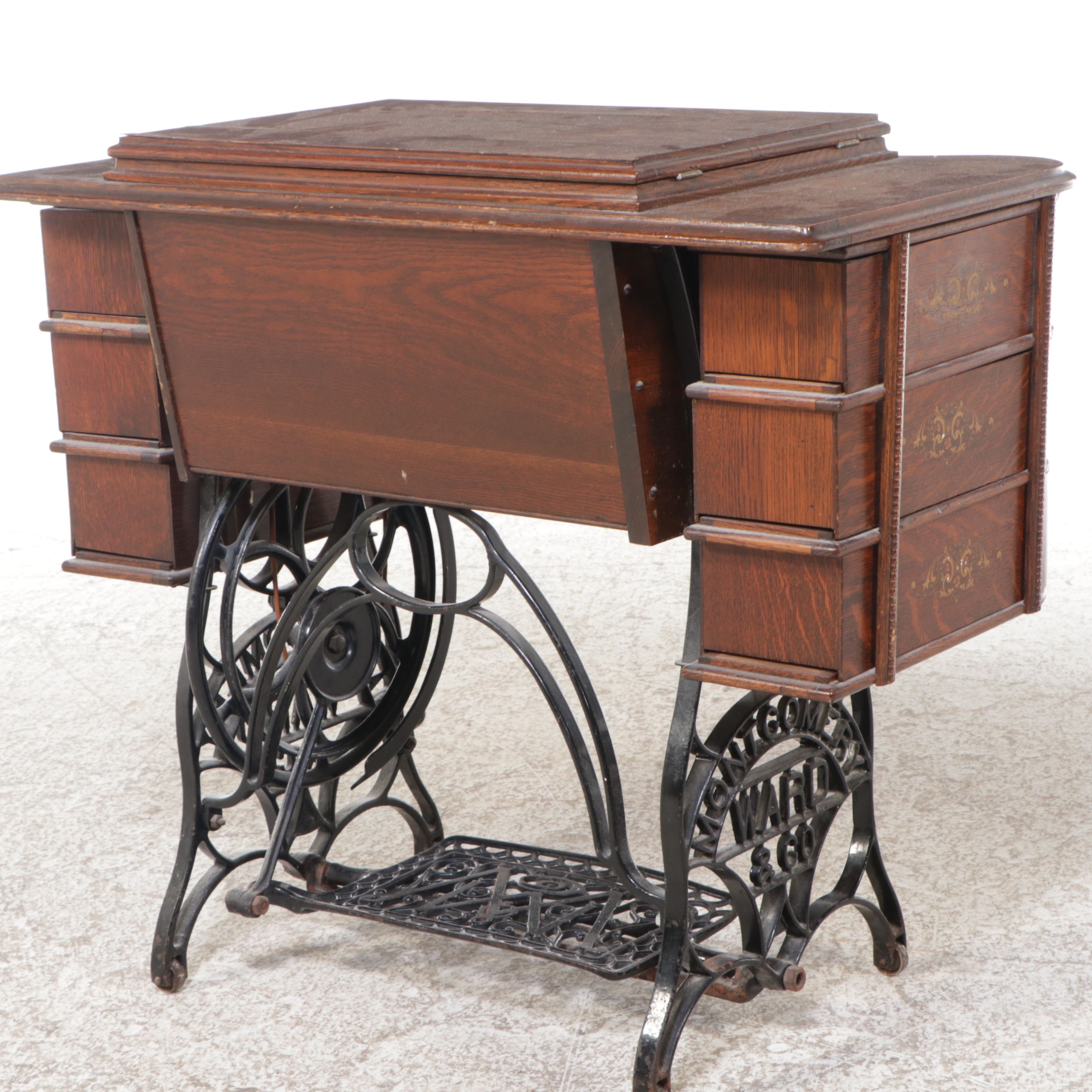 Montgomery Ward Tiger Oak Treadle Table & Windsor-B  Sewing Machine