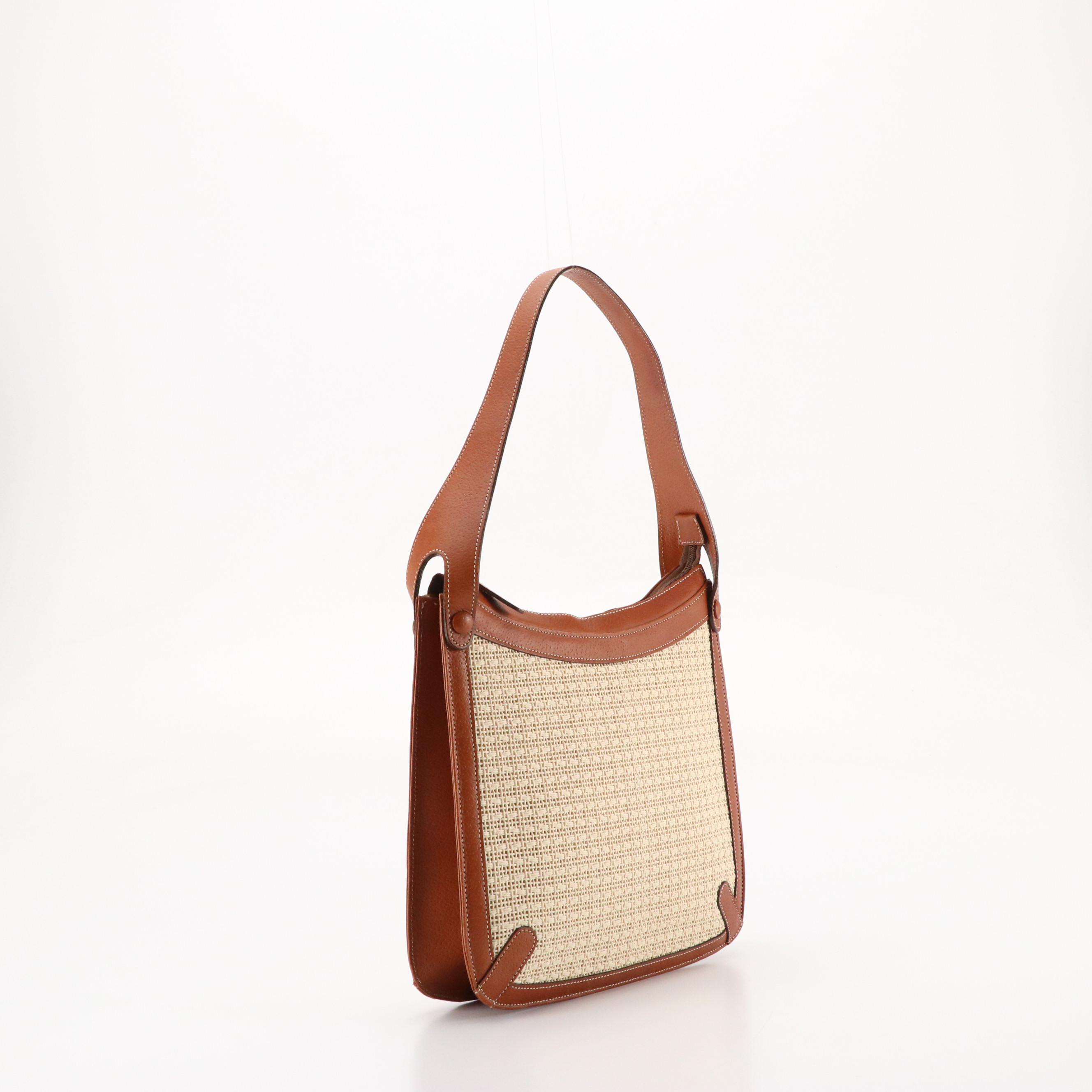 Balenciaga Vintage Zippered Shoulder Bag in Woven Hemp and Brown Leather Trim