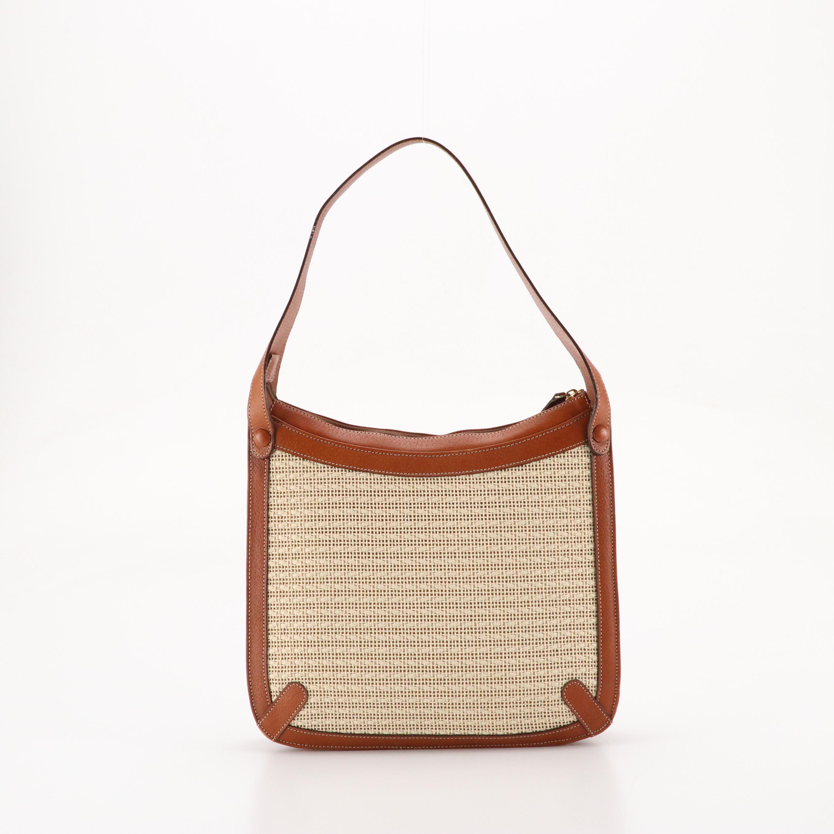 Balenciaga Vintage Zippered Shoulder Bag in Woven Hemp and Brown Leather Trim