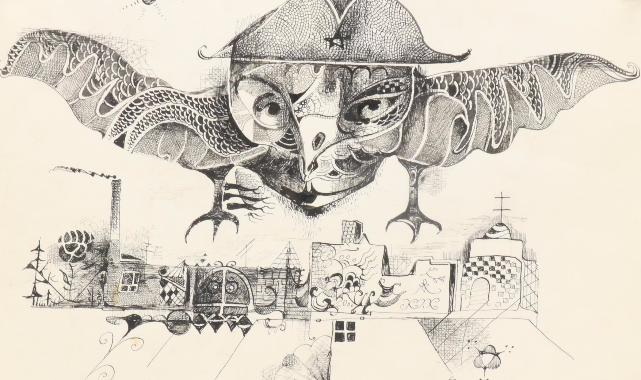 Nikolay Kuk Surrealist Ink Illustration of Owl