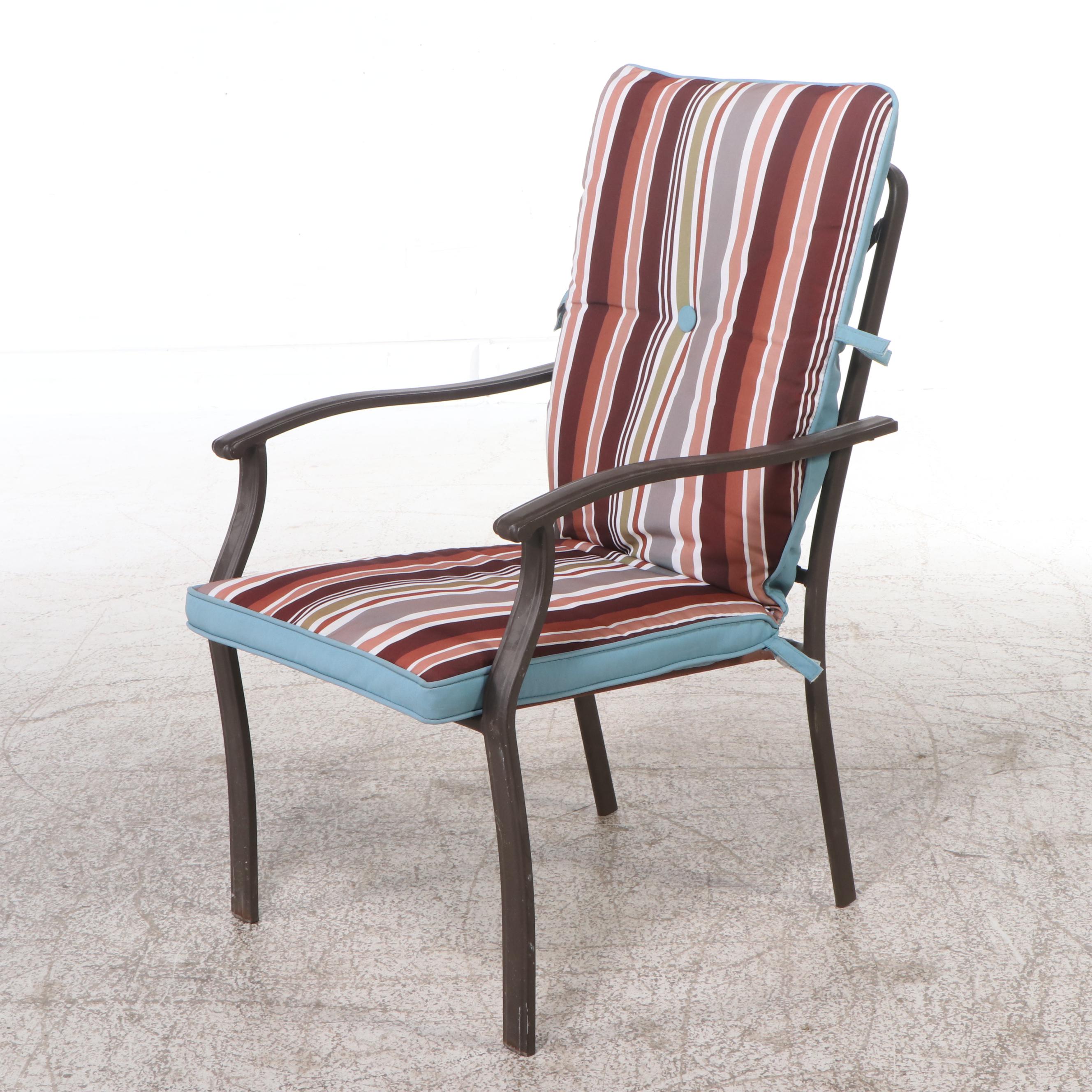 Pair of Cast Aluminum Patio Armchairs with Striped Cushions