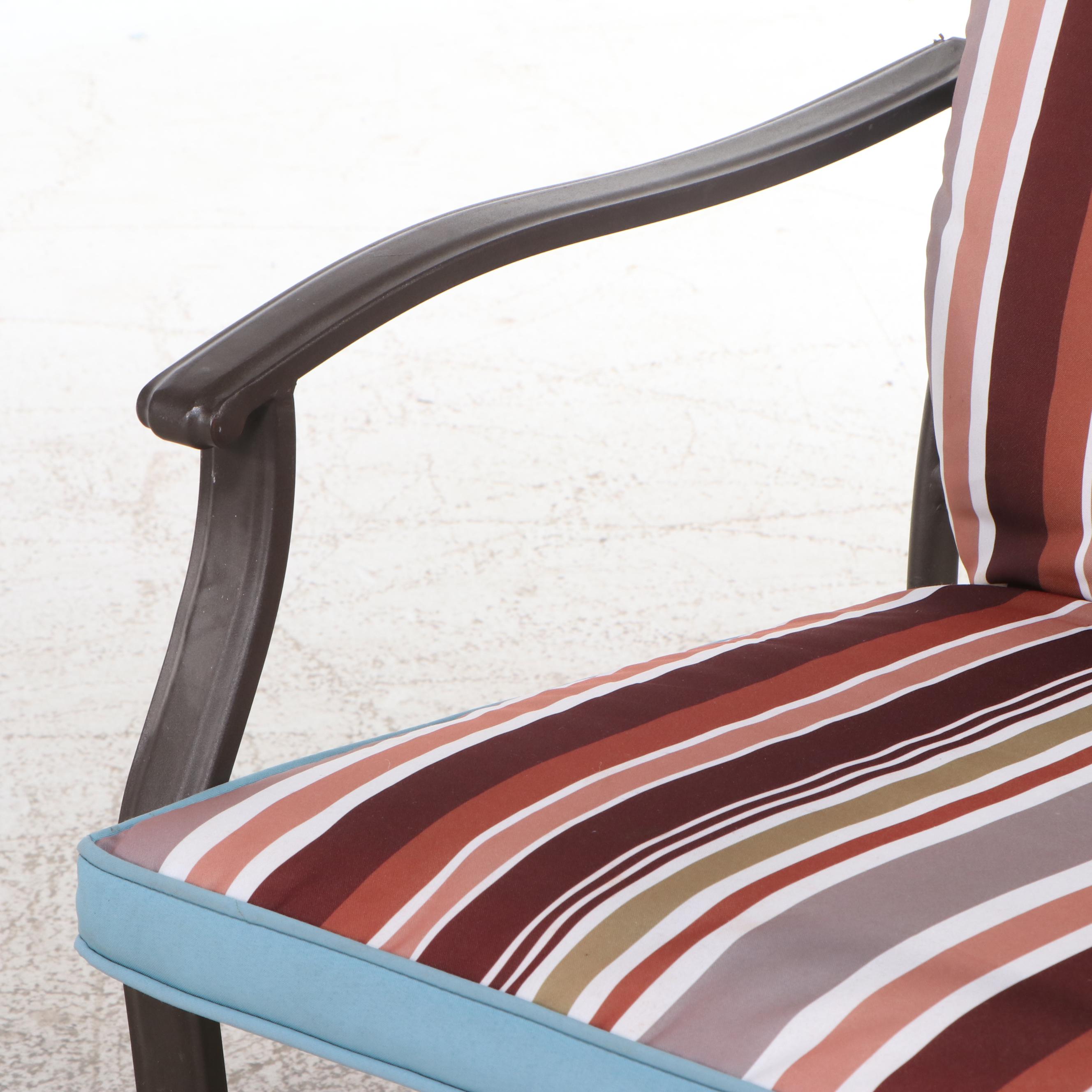 Pair of Cast Aluminum Patio Armchairs with Striped Cushions