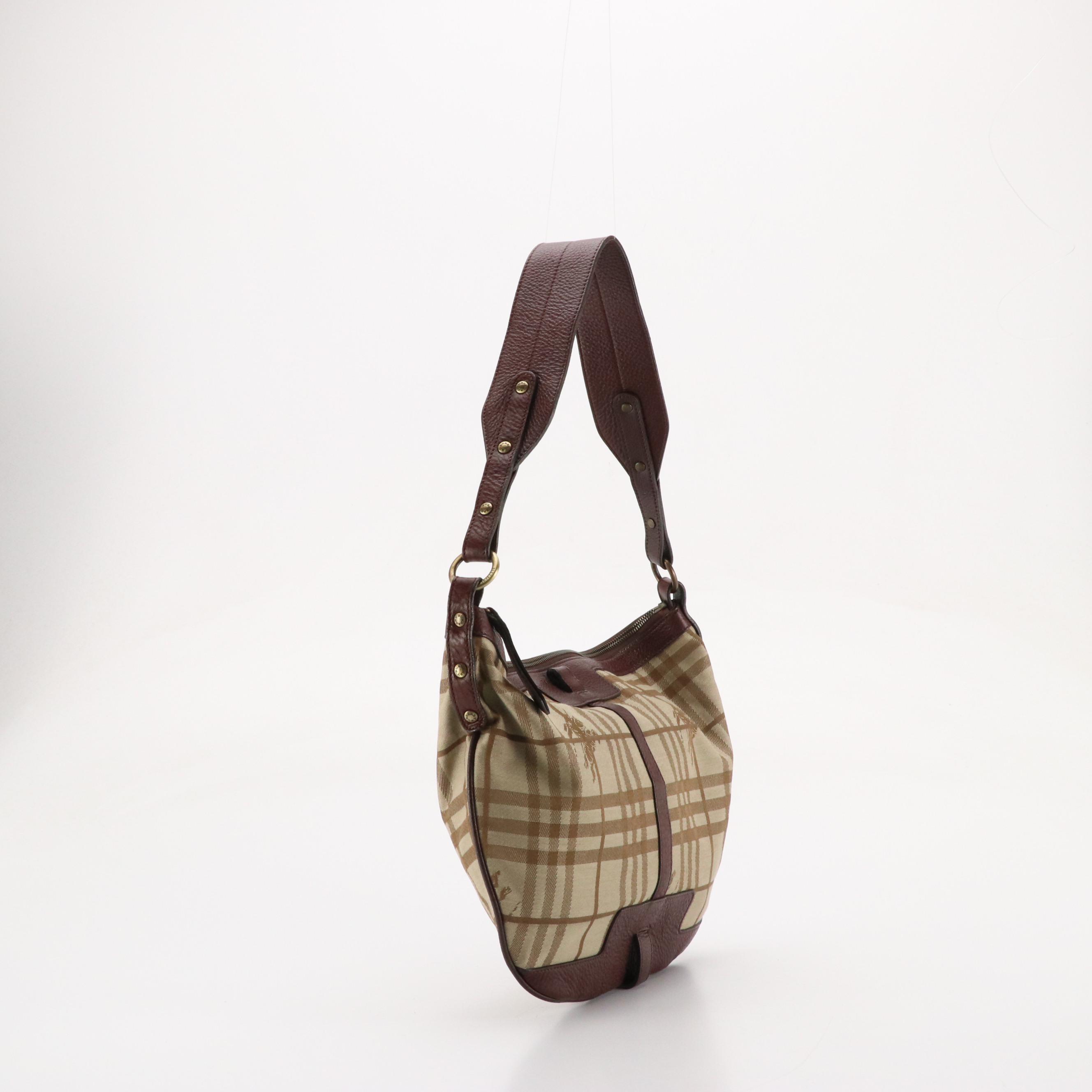 Burberry Hobo Shoulder Bag in Haymarket Check Jacquard Canvas & Grained Leather