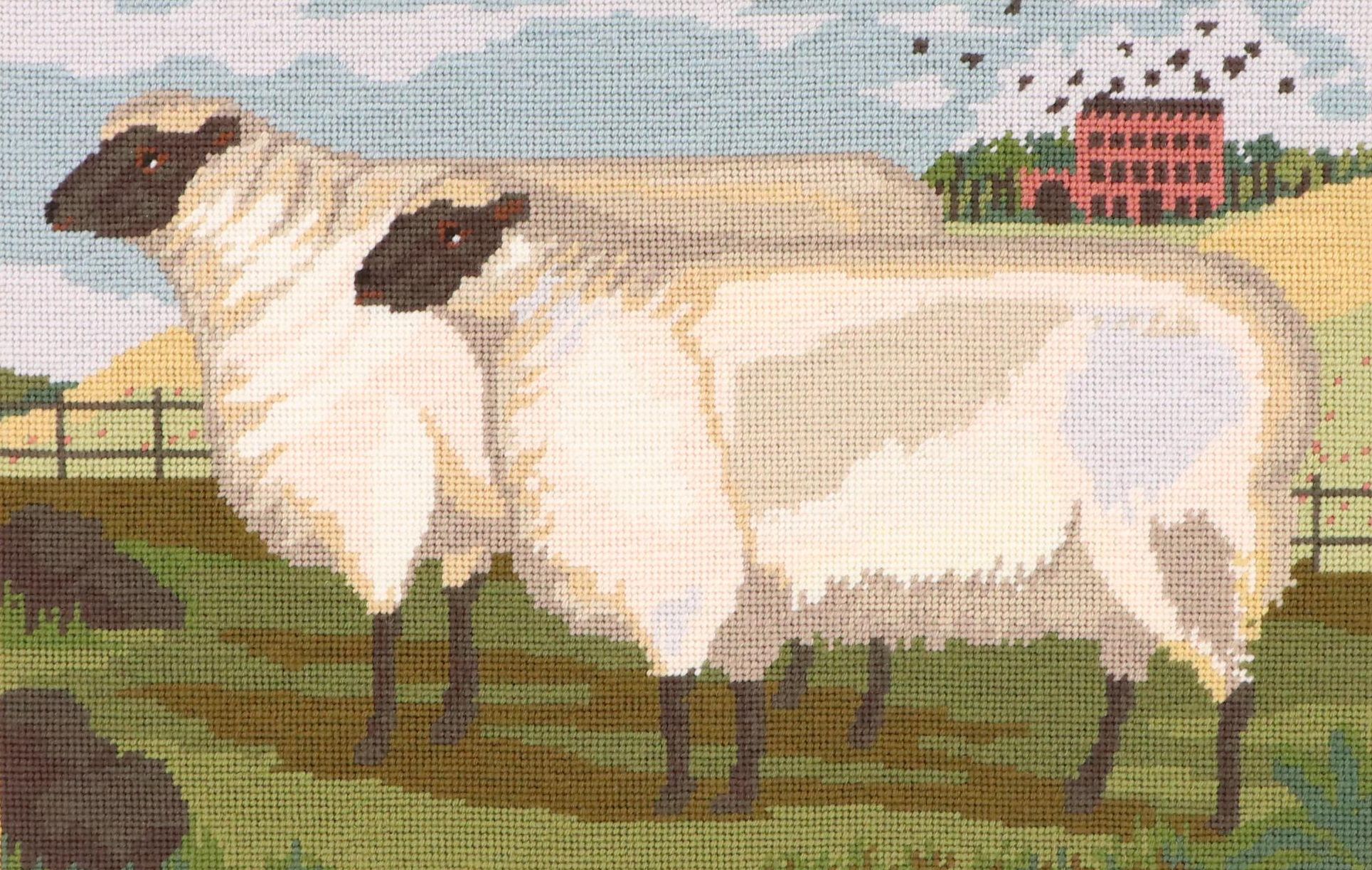 Kathleen Graf Bucolic Needlepoint "Two Fat Suffolk Lambs" by Elizabeth Bradley