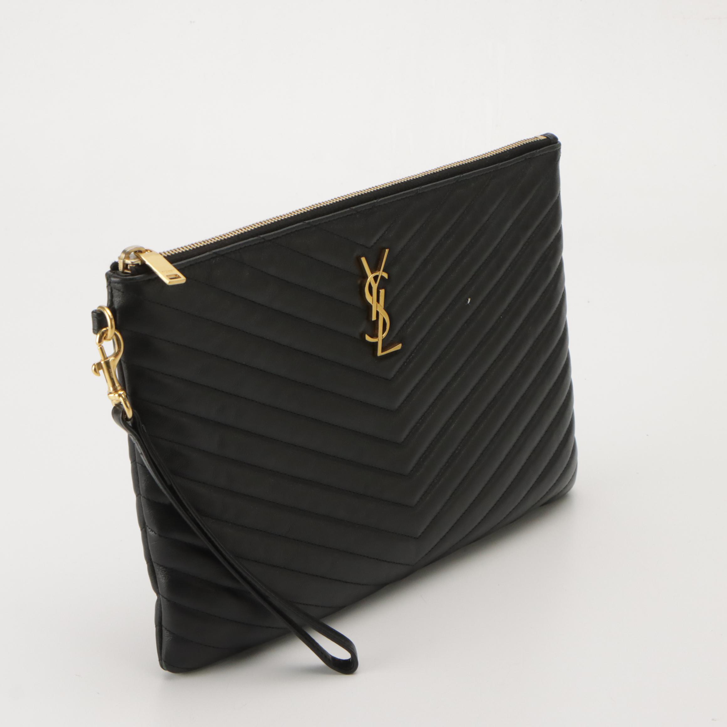 Saint Laurent YSL Large Wristlet Clutch in Chevron Quilted Black Calfskin