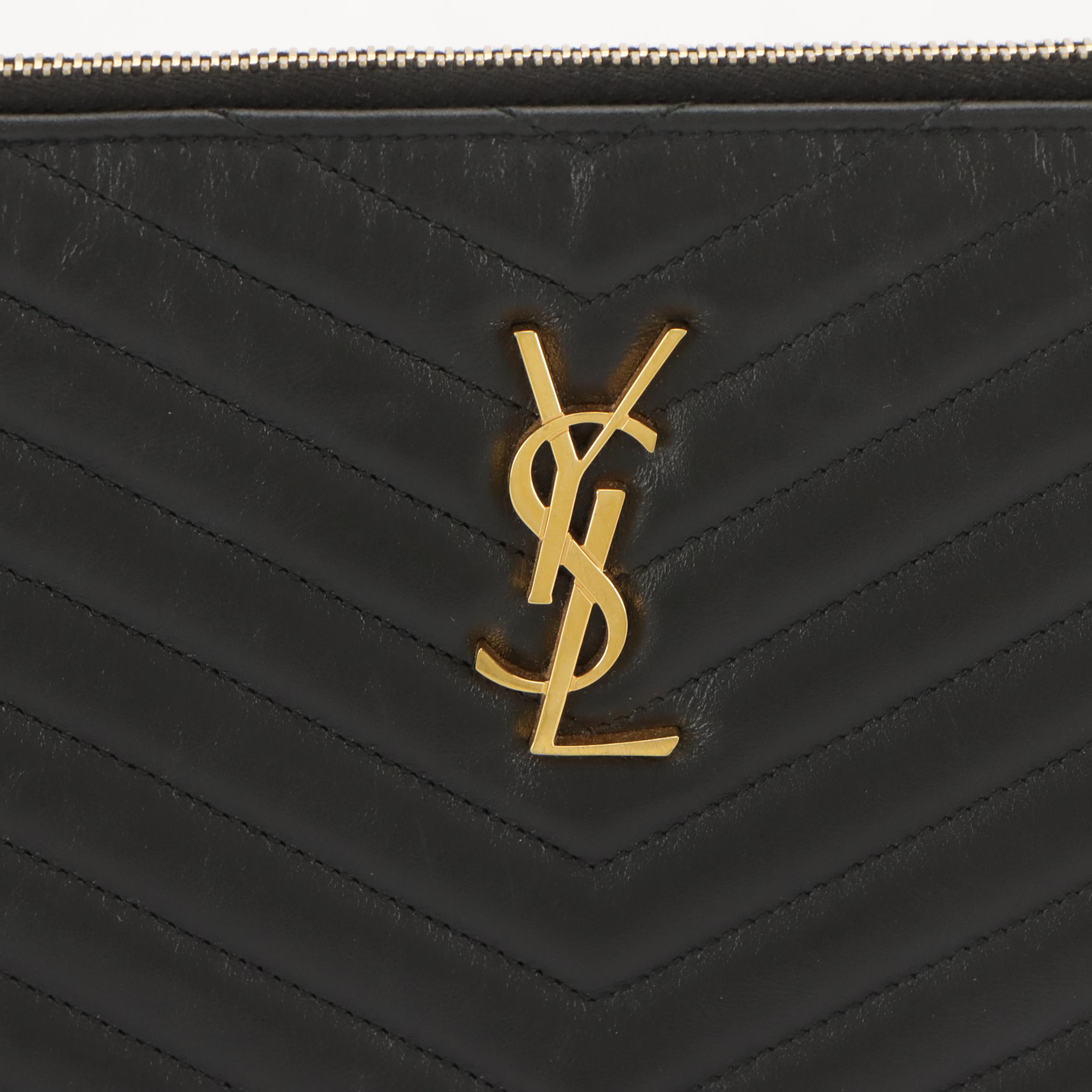 Saint Laurent YSL Large Wristlet Clutch in Chevron Quilted Black Calfskin