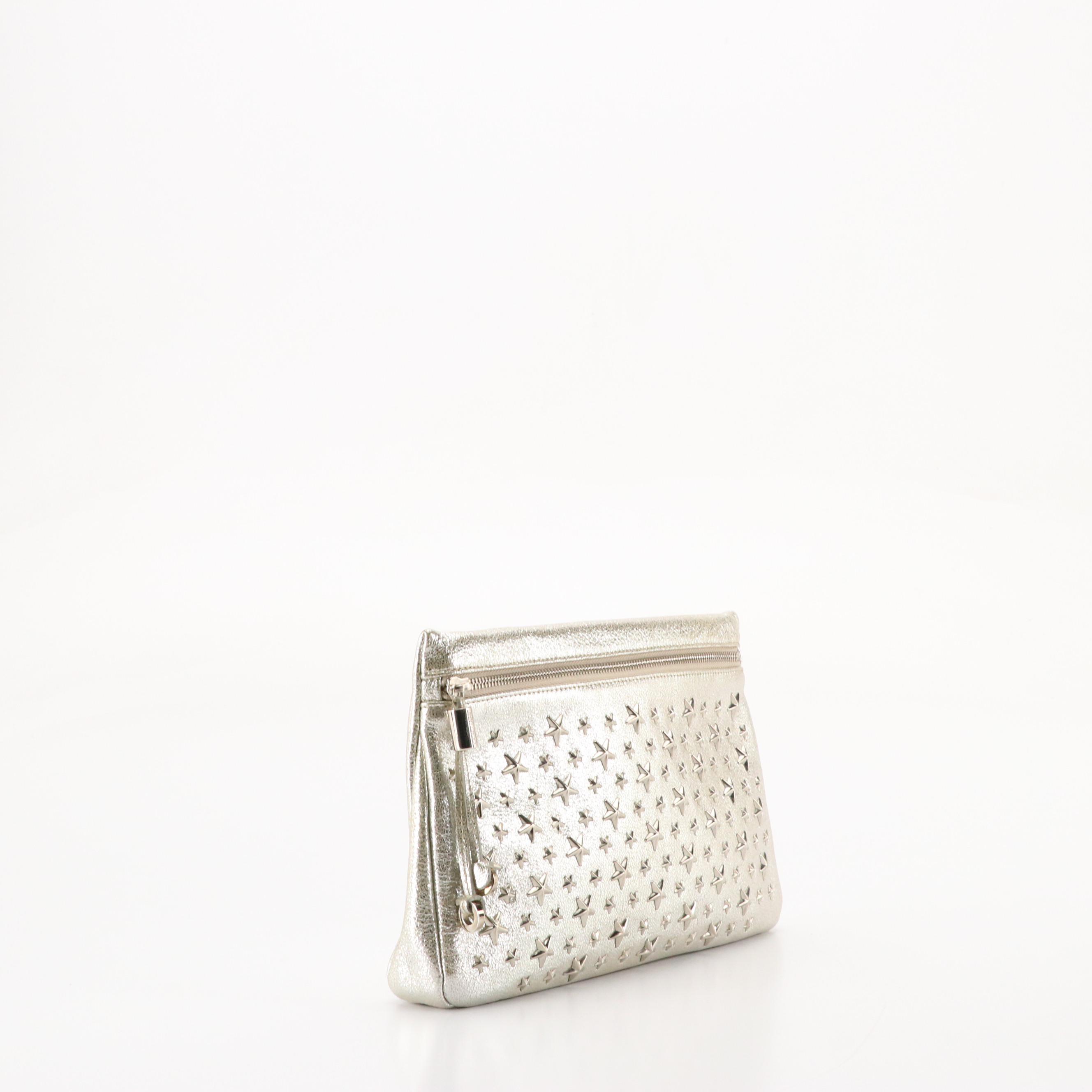 Jimmy Choo Zena Clutch in Silver Tone Star Studded Metallic Silver Leather