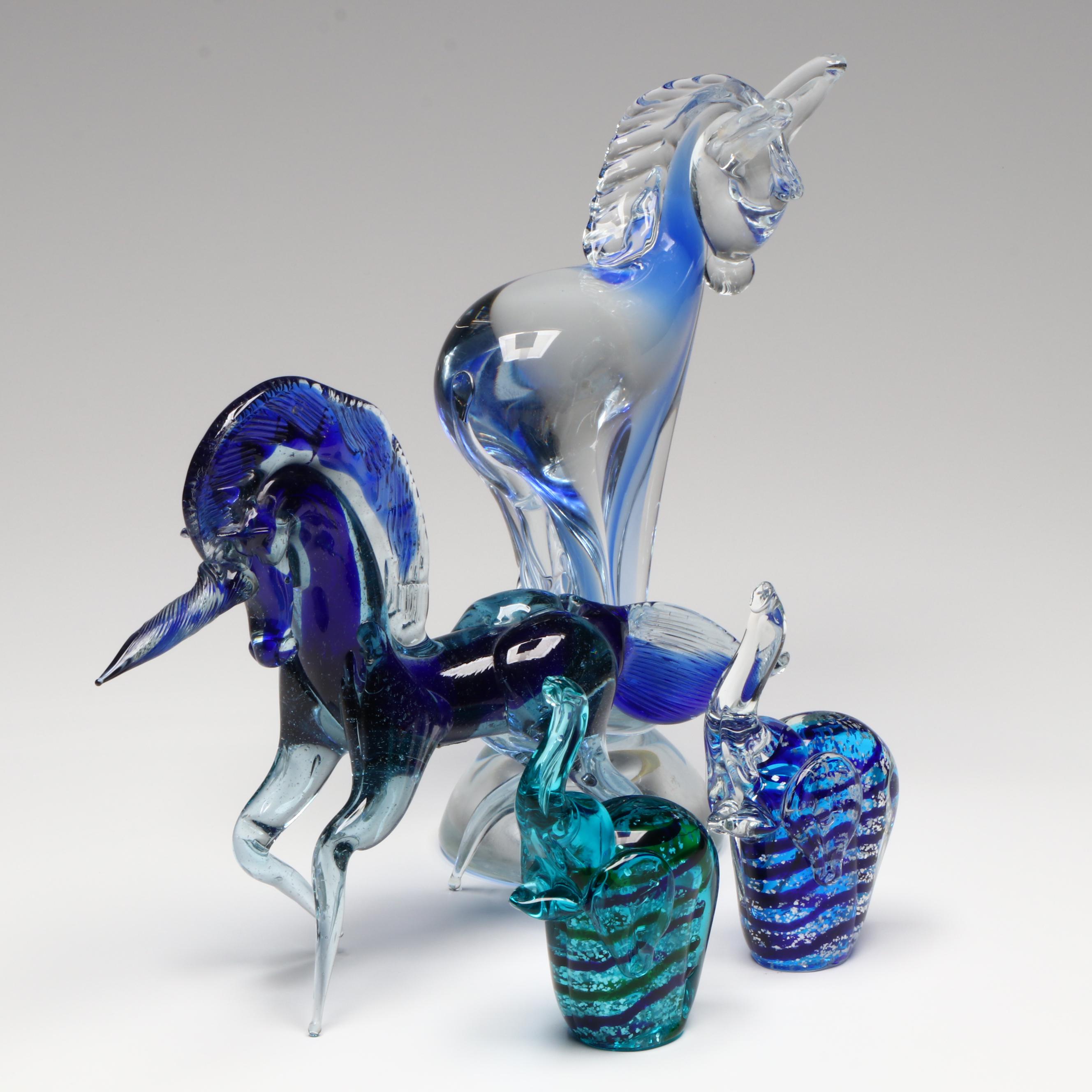 Handblown Blue Unicorn Glass Figure with Blue Donkey and Elephant Figures