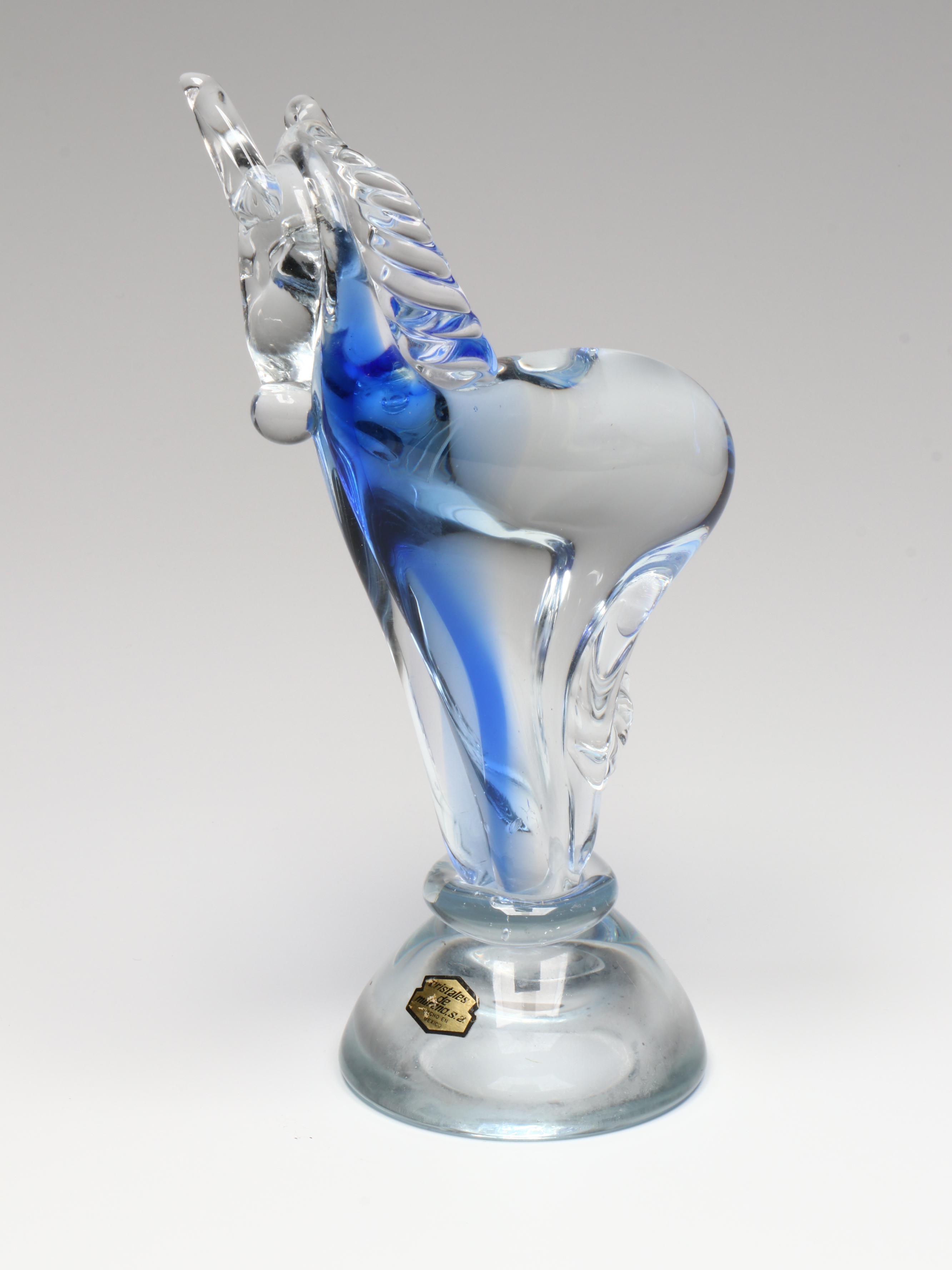 Handblown Blue Unicorn Glass Figure with Blue Donkey and Elephant Figures