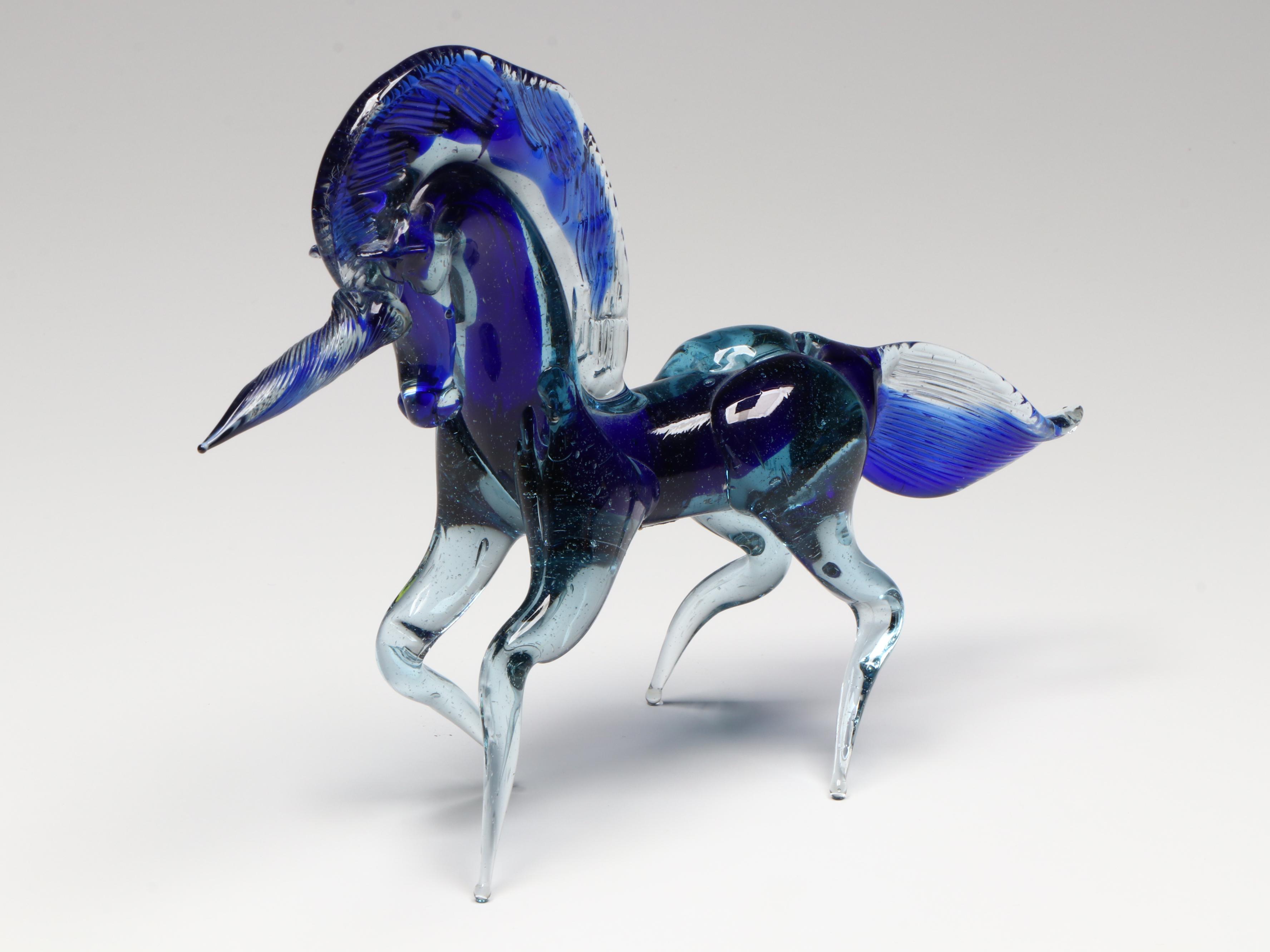 Handblown Blue Unicorn Glass Figure with Blue Donkey and Elephant Figures