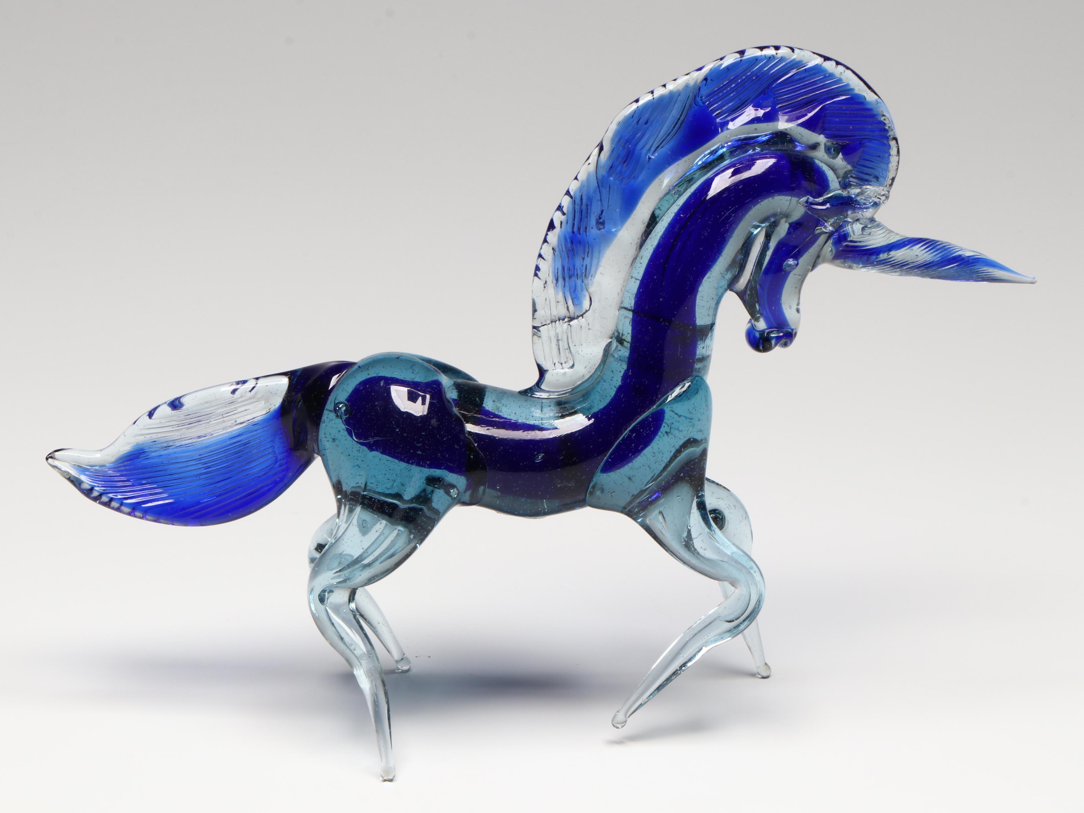 Handblown Blue Unicorn Glass Figure with Blue Donkey and Elephant Figures