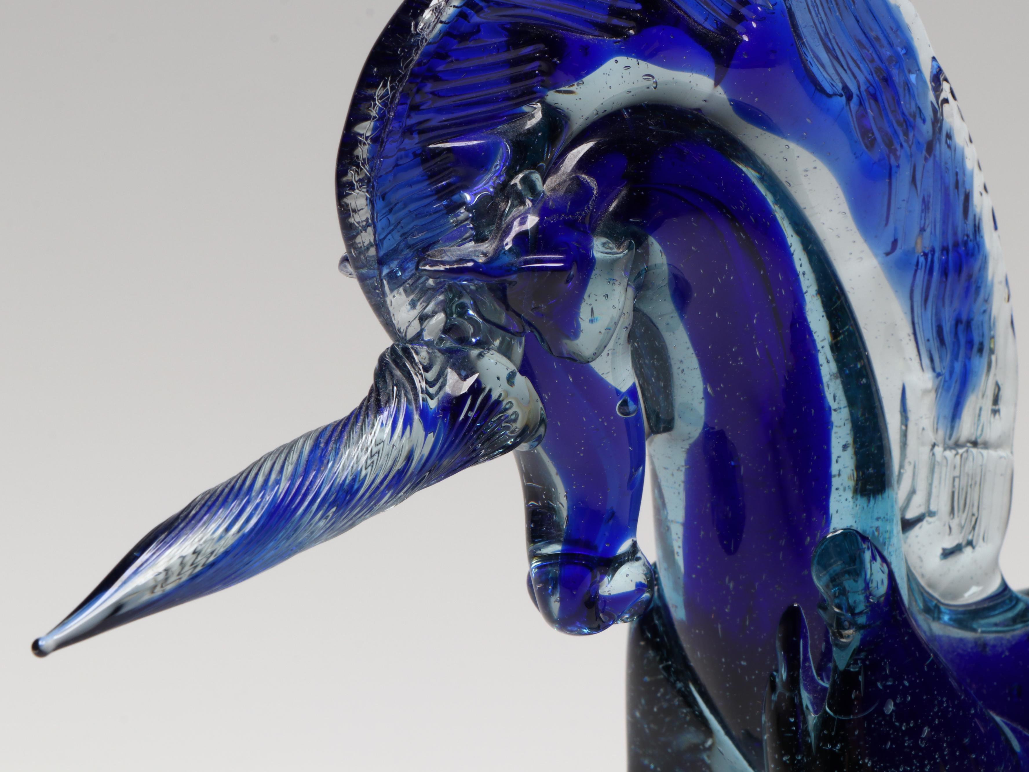 Handblown Blue Unicorn Glass Figure with Blue Donkey and Elephant Figures