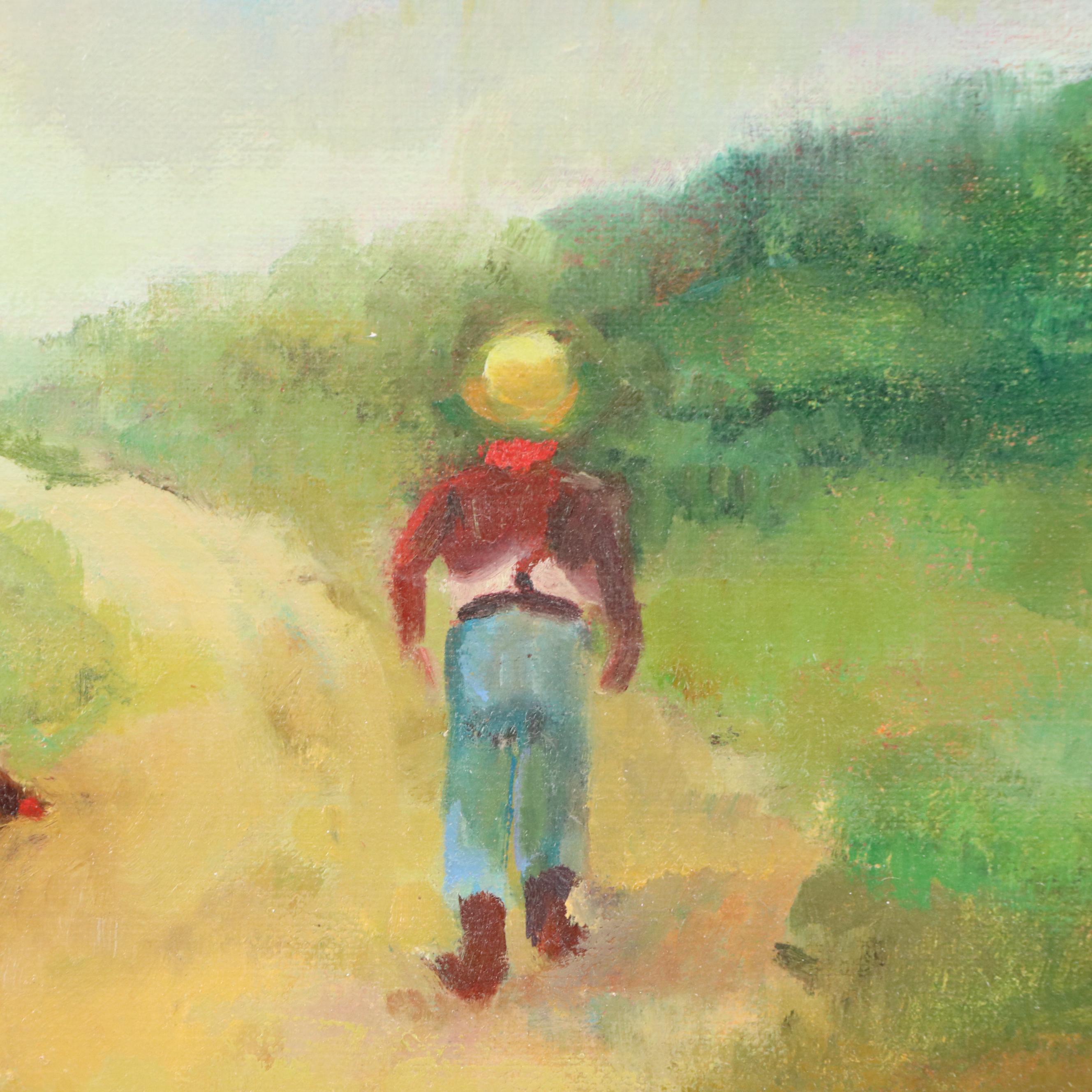 M. Von Jagow Oil Painting of Geese Following Figure, Mid–Late 20th Century