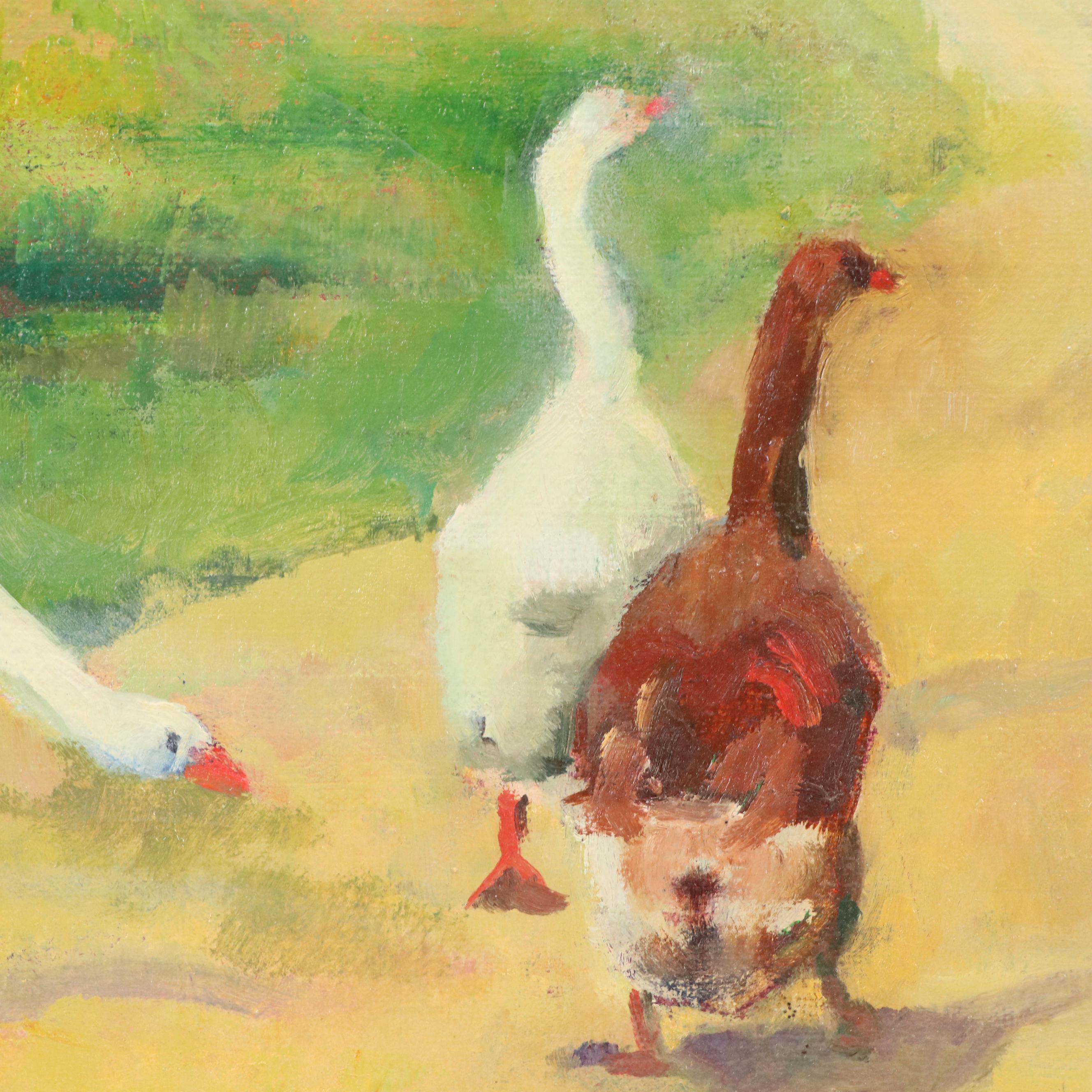 M. Von Jagow Oil Painting of Geese Following Figure, Mid–Late 20th Century