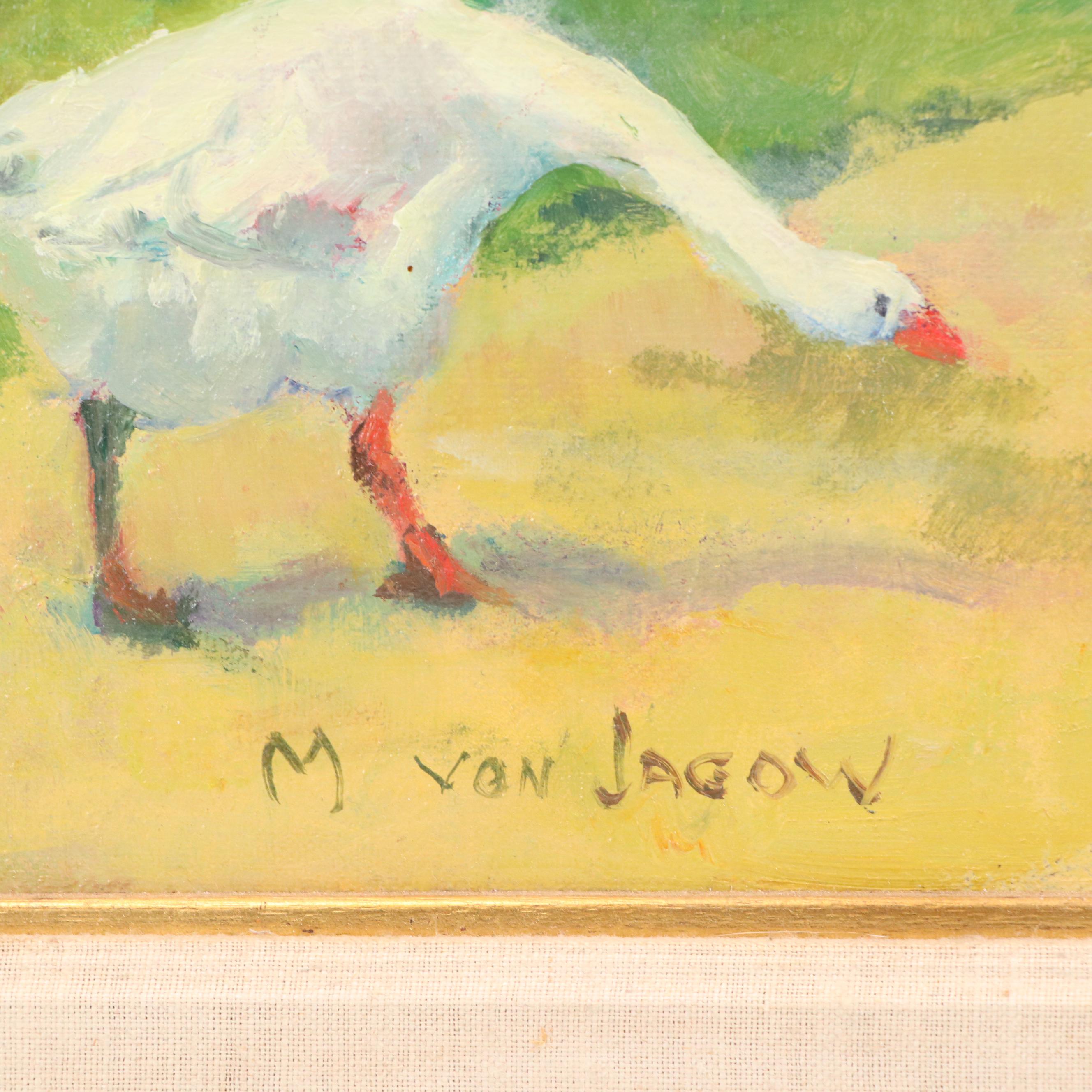 M. Von Jagow Oil Painting of Geese Following Figure, Mid–Late 20th Century