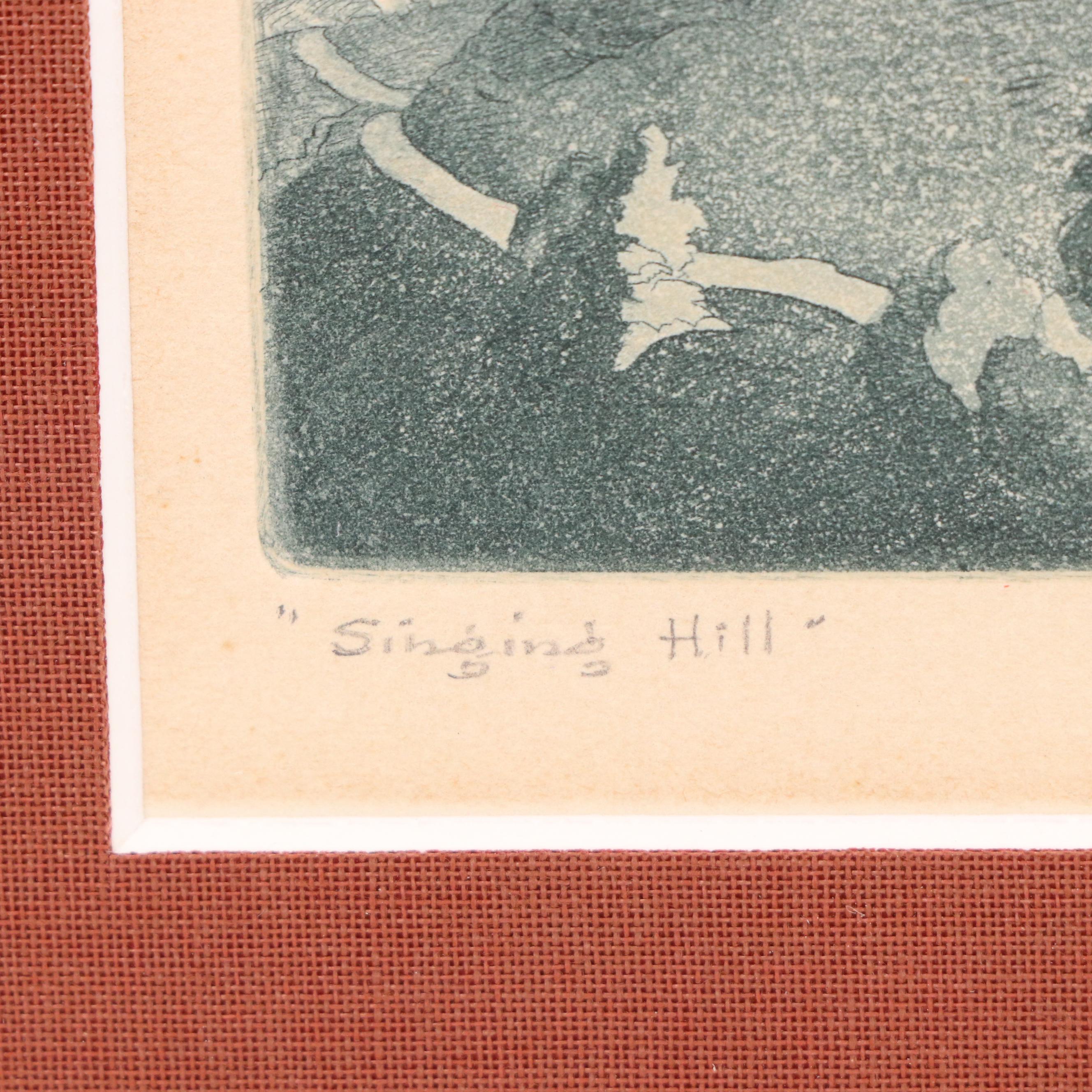 George Jo Mess Landscape Aquatint Etching "Singing Hill"