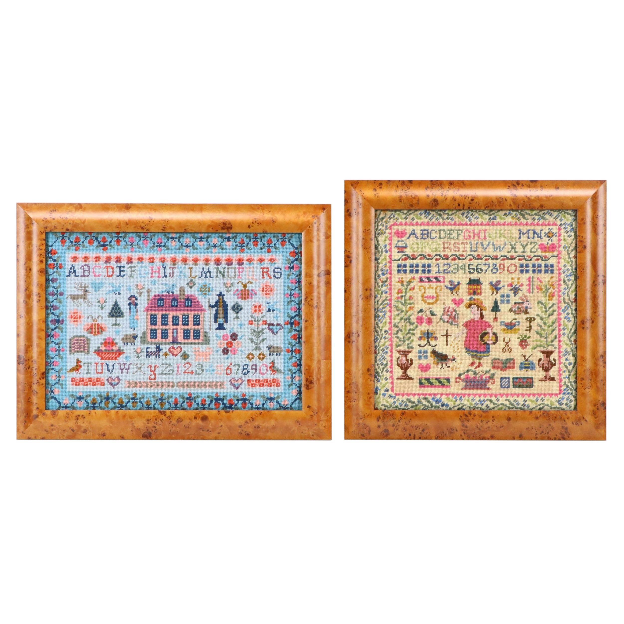 Kathleen Graf Needlepoint Samplers in Burlwood Veneer Frames