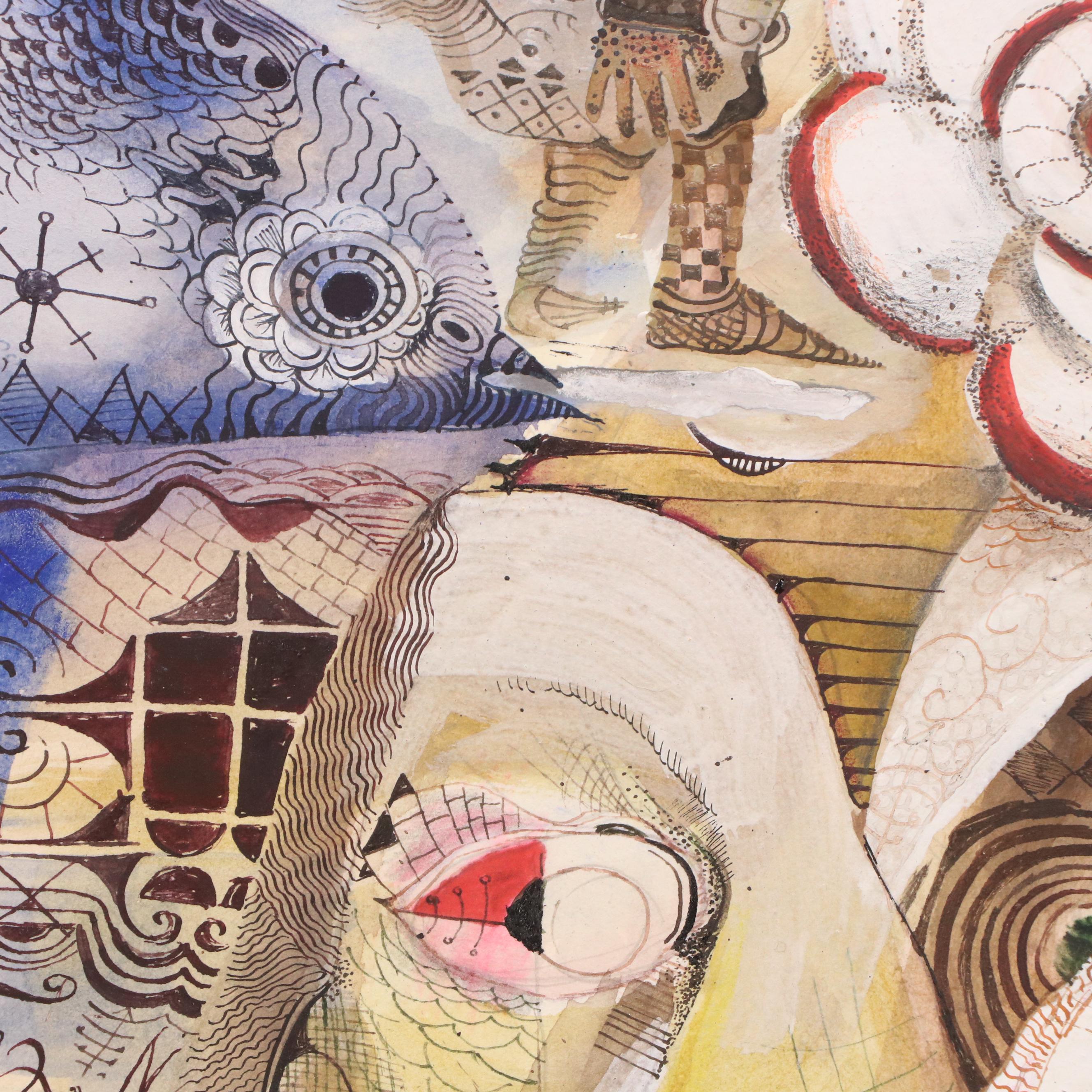 Nikolay "Kuk" Manuylov Figural Surrealist Ink and Watercolor Painting