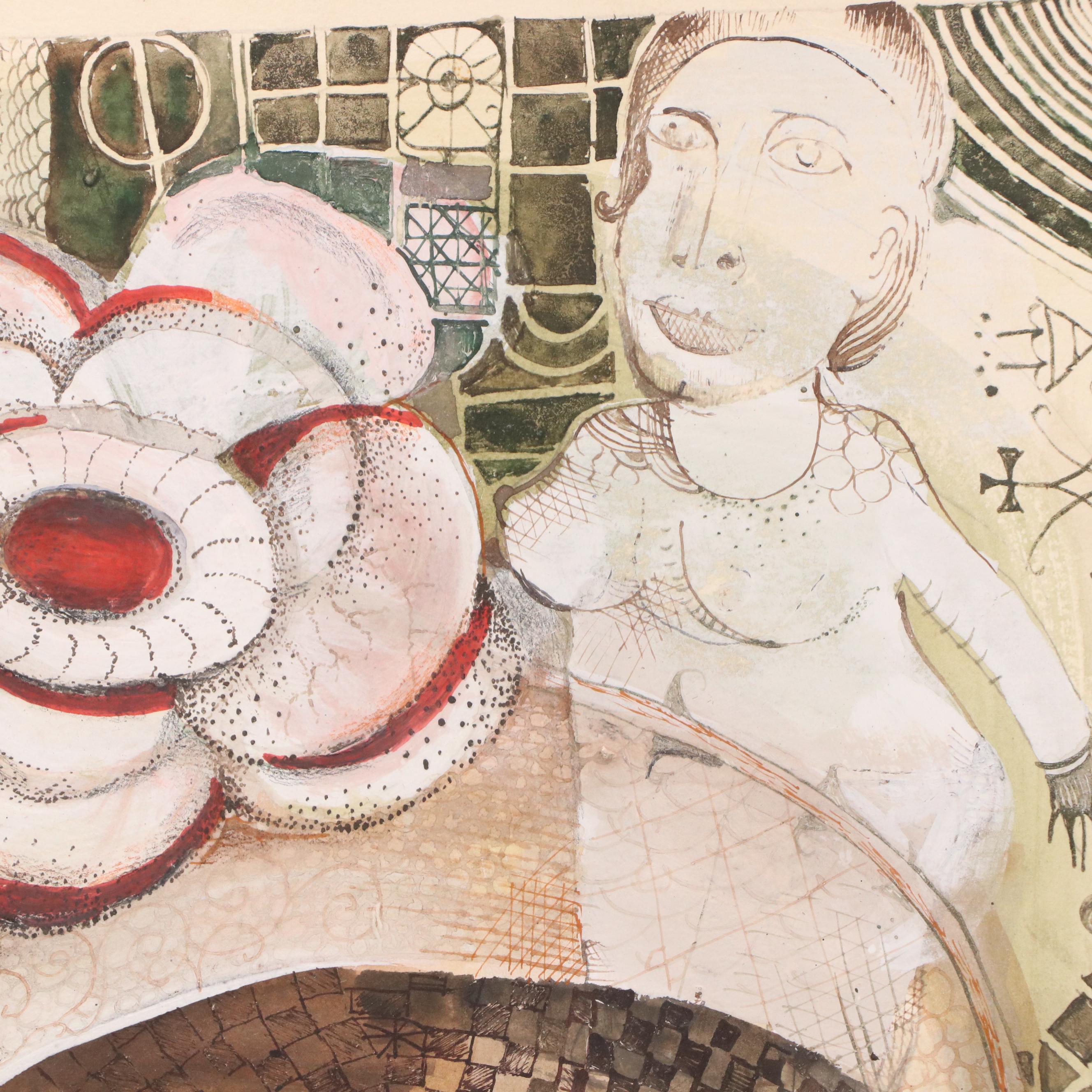 Nikolay "Kuk" Manuylov Figural Surrealist Ink and Watercolor Painting