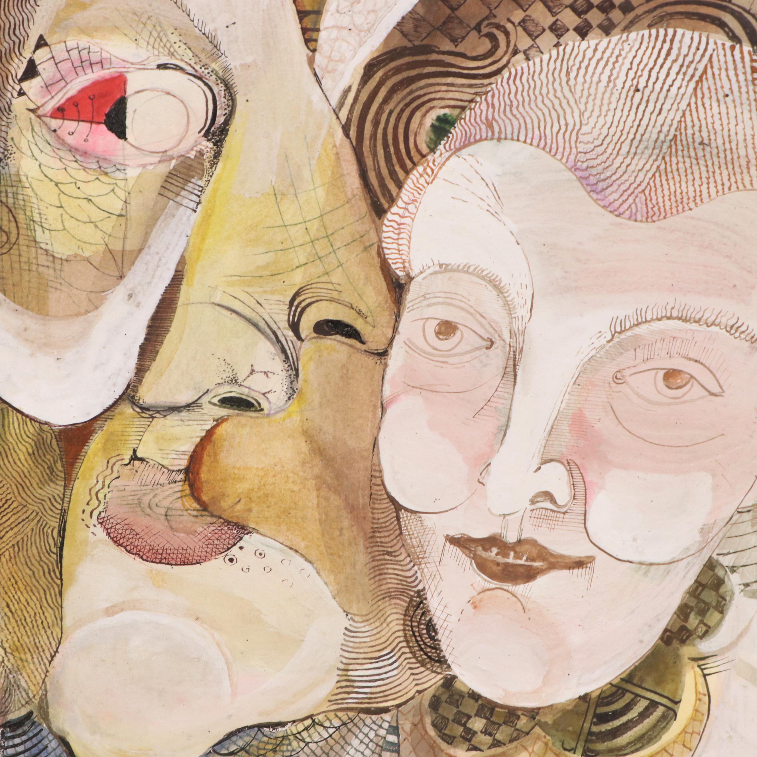 Nikolay "Kuk" Manuylov Figural Surrealist Ink and Watercolor Painting