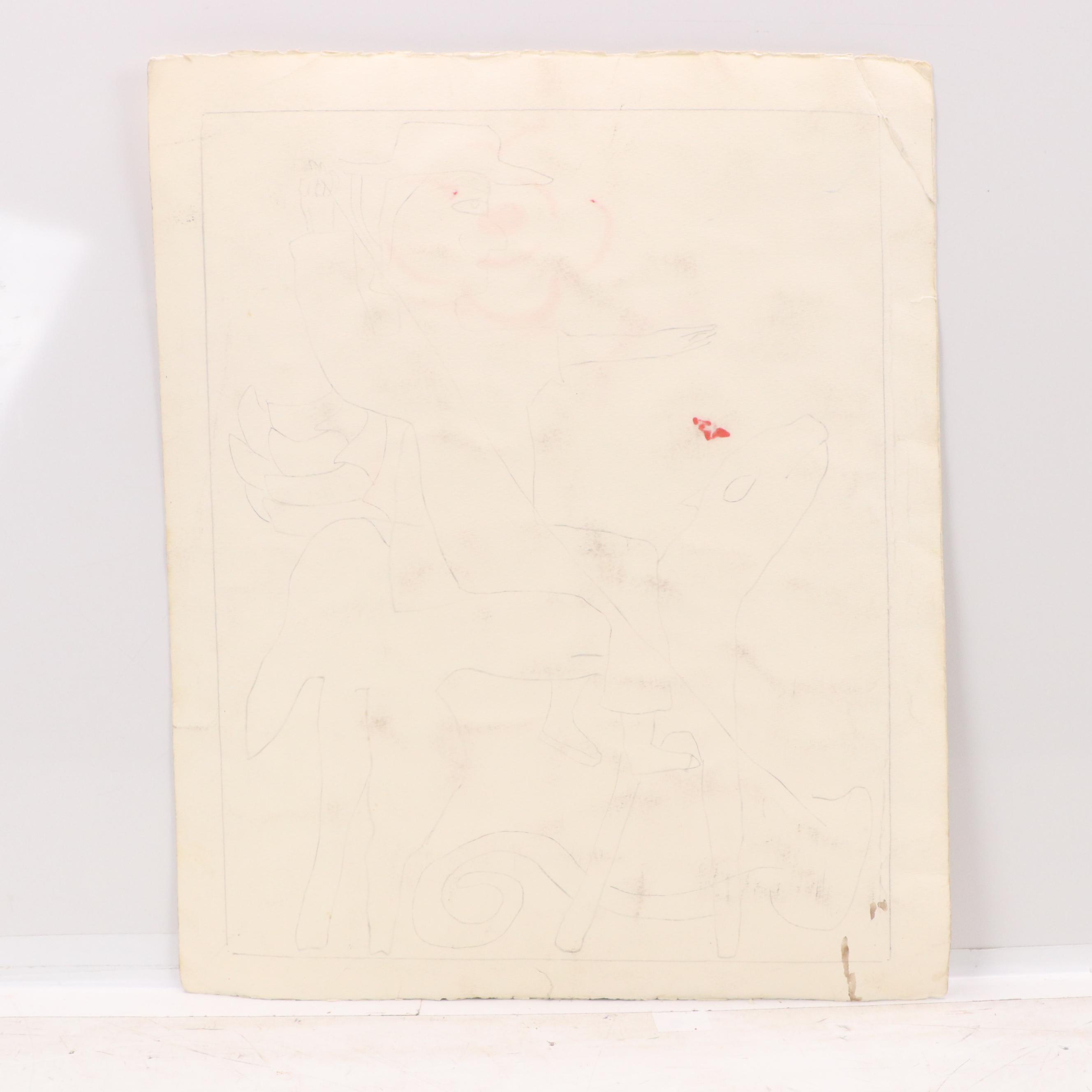 Nikolay "Kuk" Manuylov Figural Surrealist Ink and Watercolor Painting