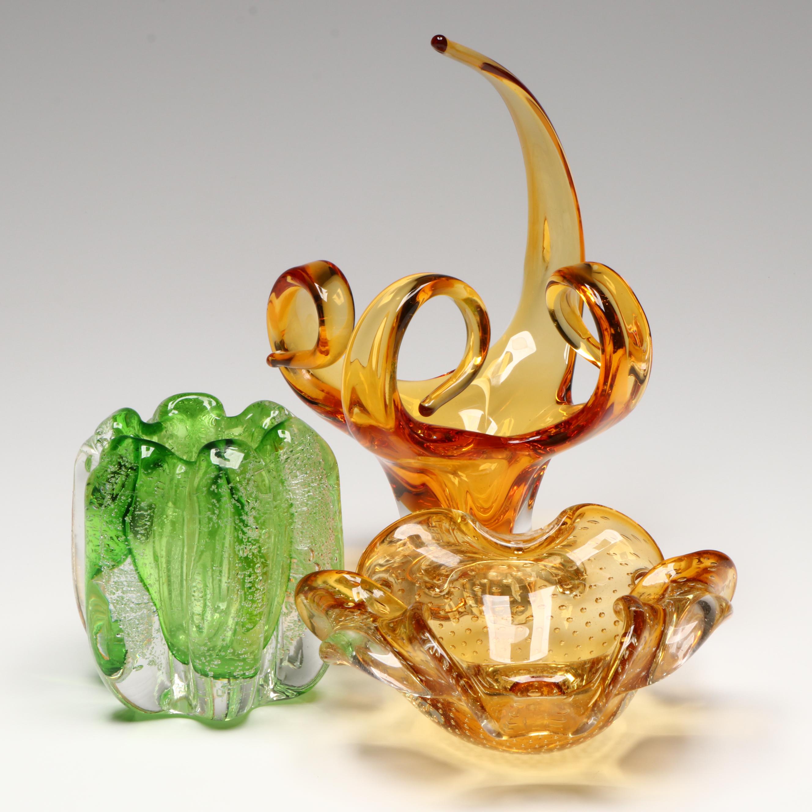 Handblown Orange Glass Bowl with Other Bubble Glass Scalloped Bowl and Vase