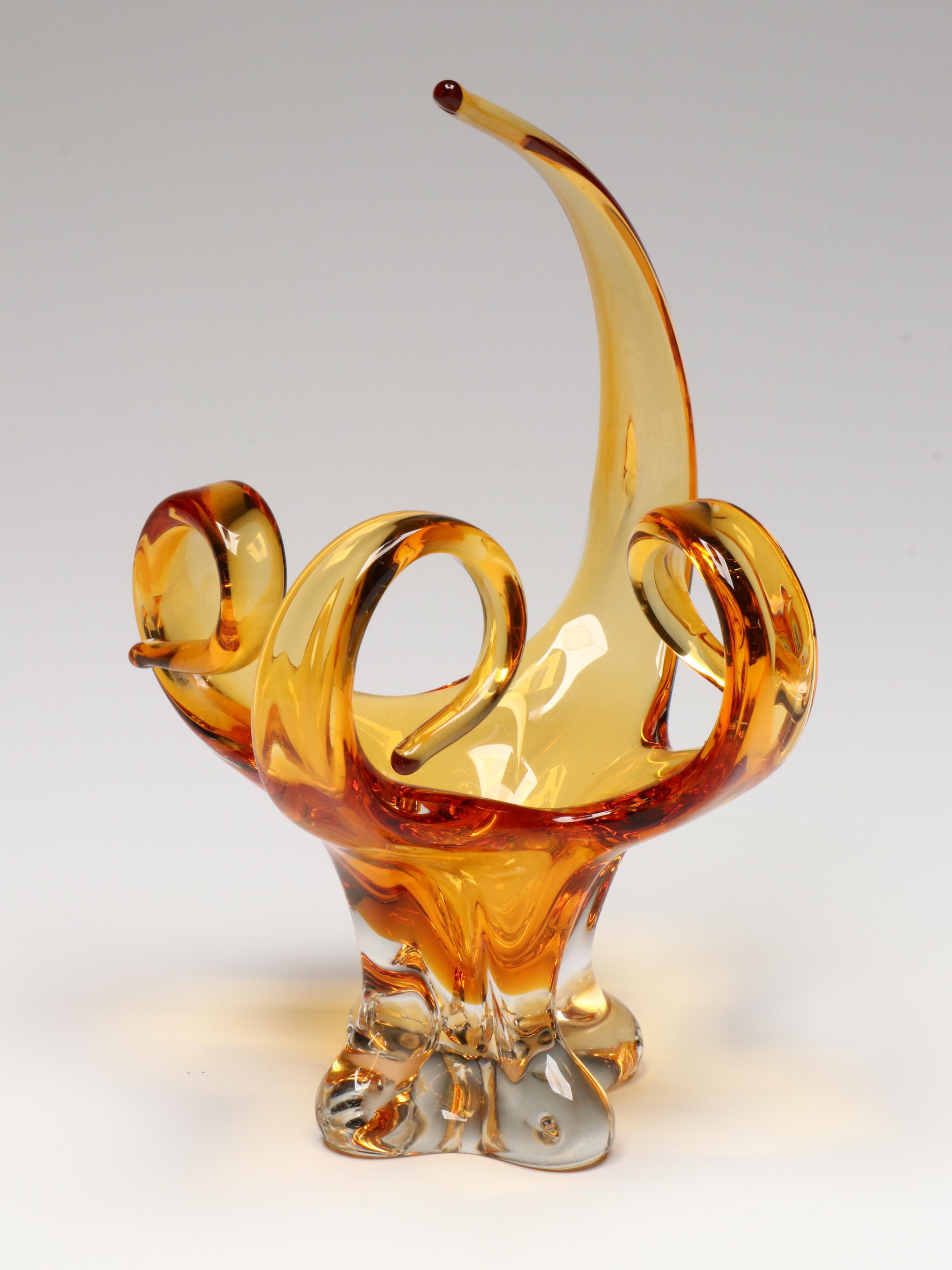 Handblown Orange Glass Bowl with Other Bubble Glass Scalloped Bowl and Vase