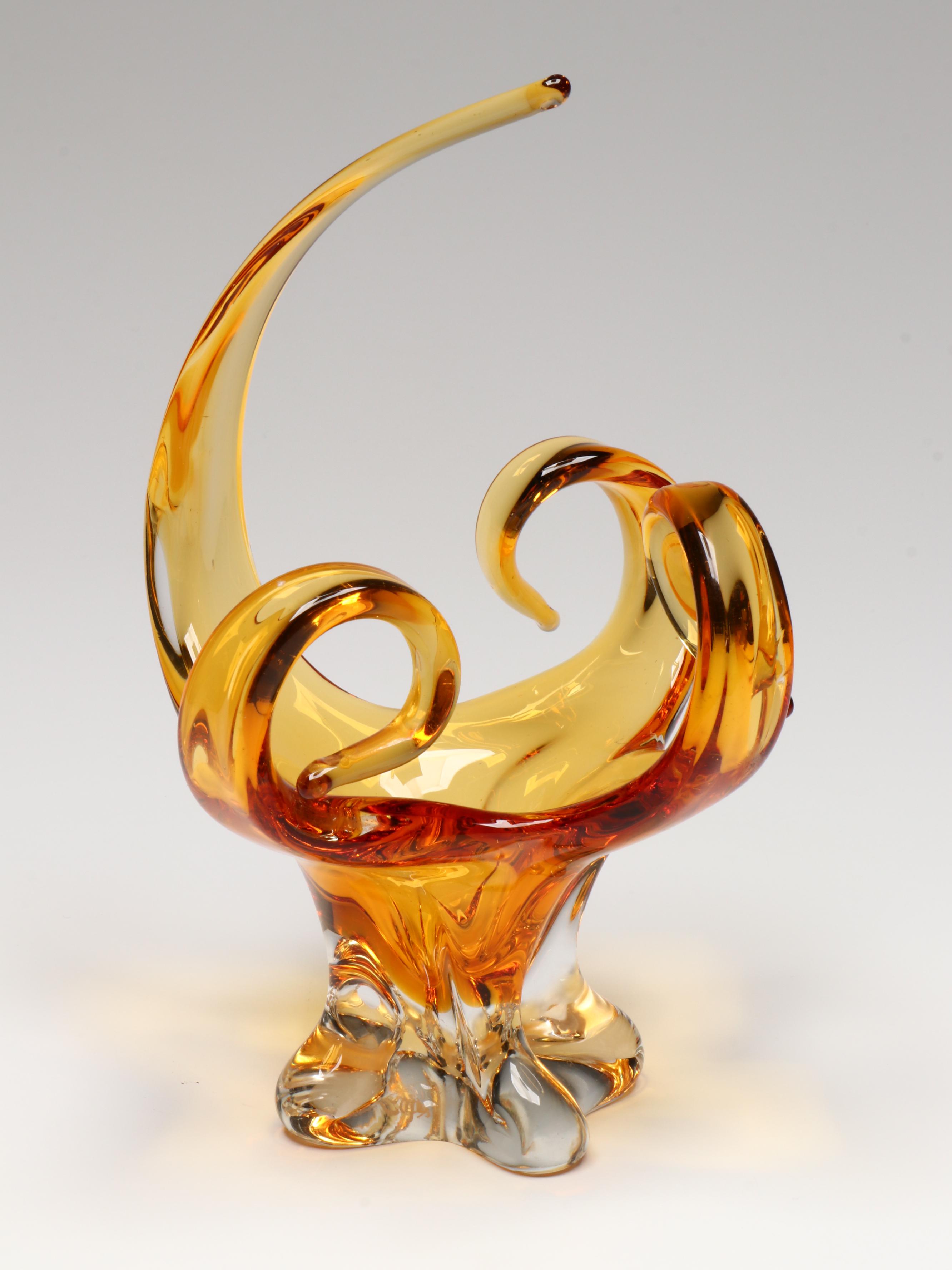 Handblown Orange Glass Bowl with Other Bubble Glass Scalloped Bowl and Vase